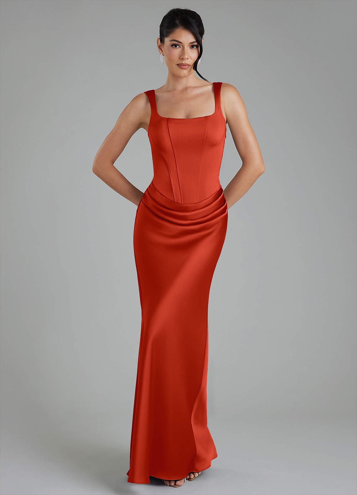 Etta Mermaid Square-Neck Stretch Satin Bridesmaid Dress in Rust