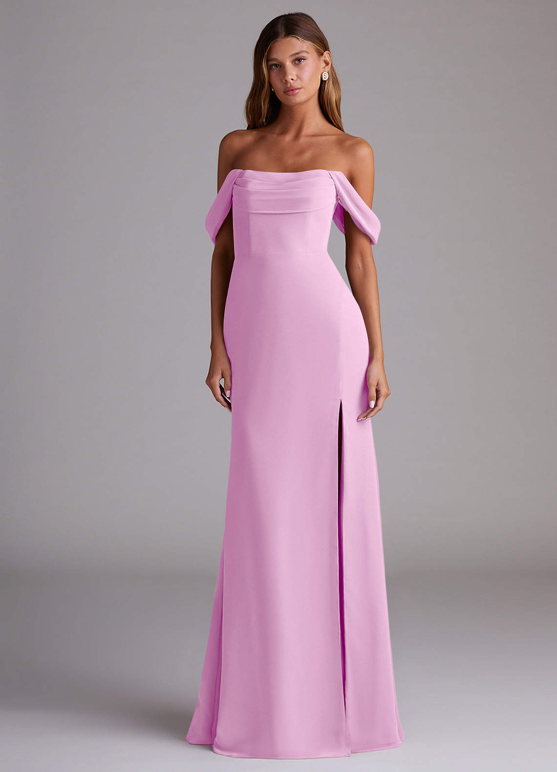 Saige A-Line Off-the-Shoulder Chiffon Bridesmaid Dress in candy pink