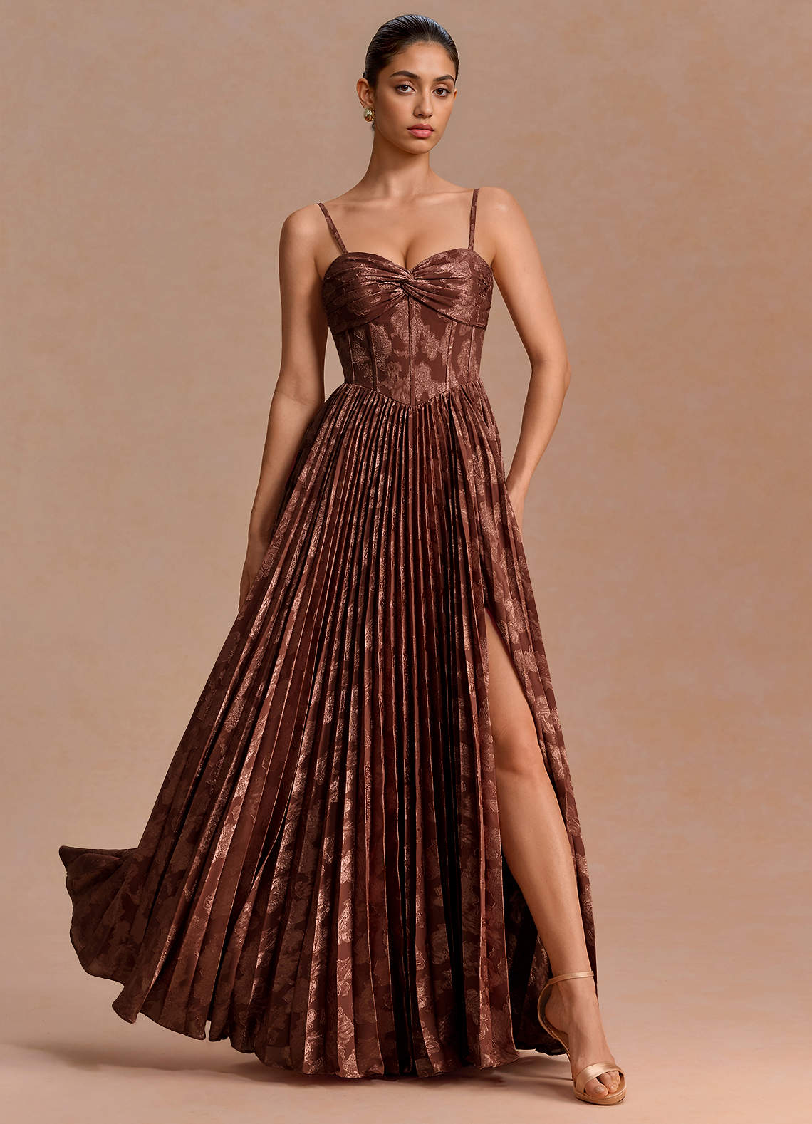 Delfina A-Line Twisted-Bust Fil Coupé Evening Dress in Mocha Coco