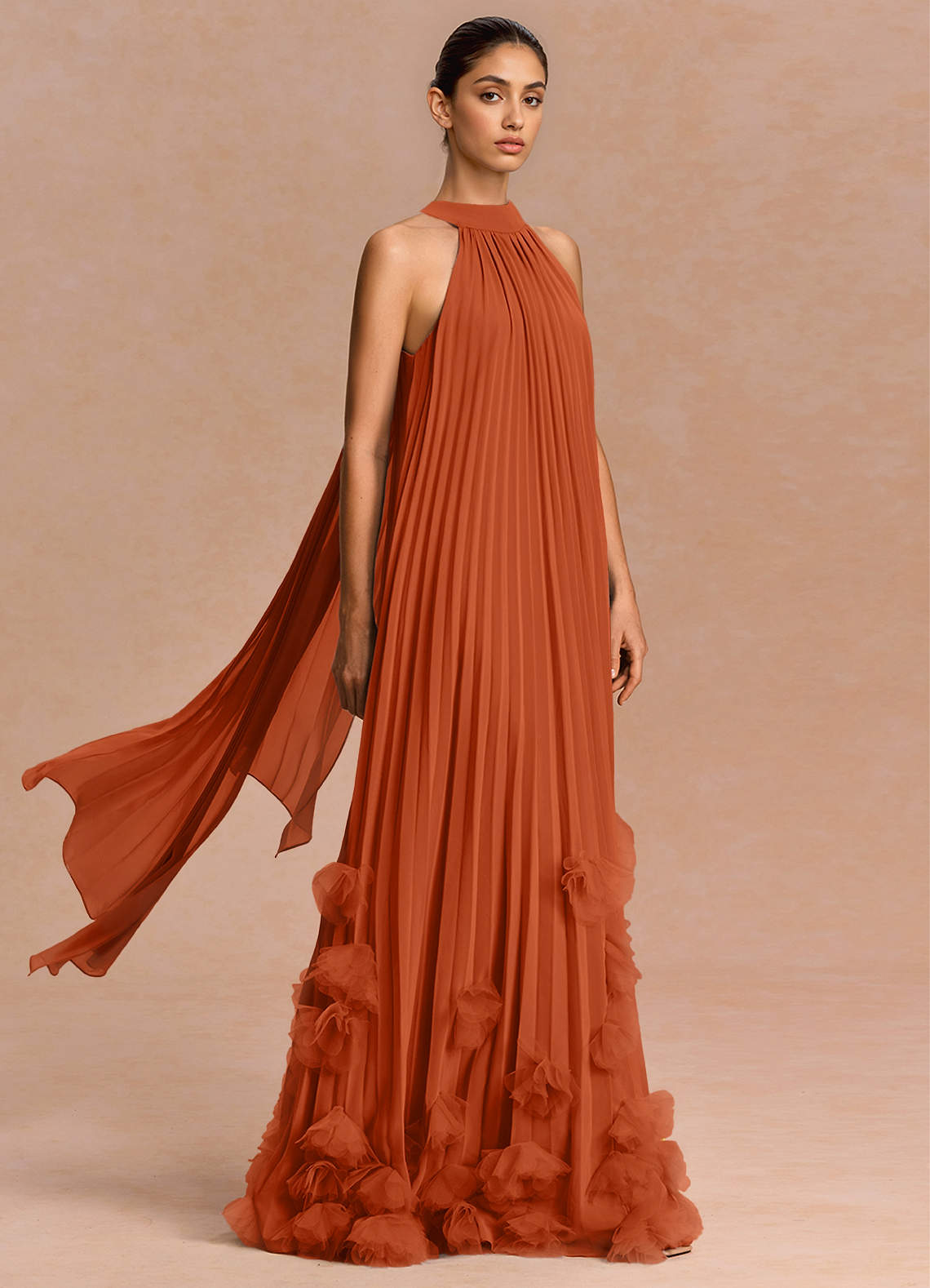 Lucette A-Line Halter Chiffon Evening Dress in Rust