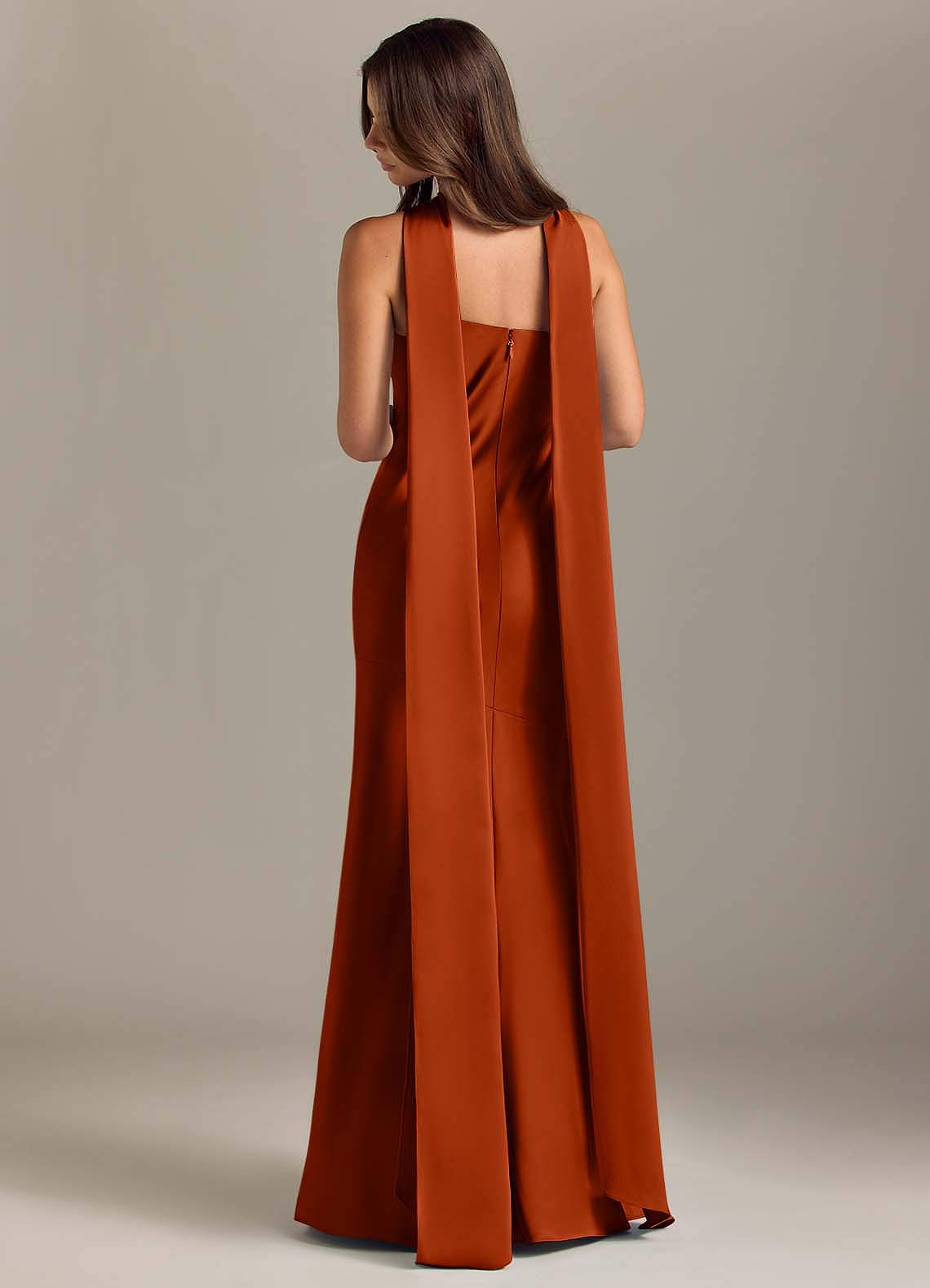 Kinsley Mermaid Halter Stretch Satin Bridesmaid Dress in Paprika