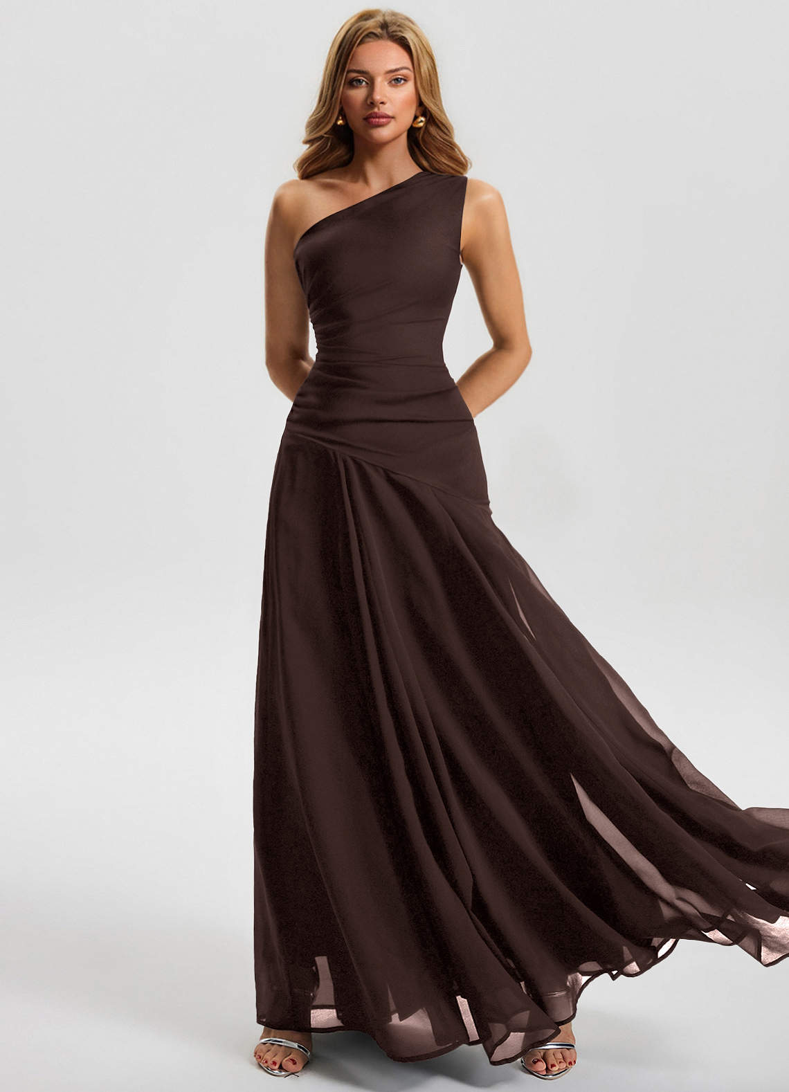Sylvaine A-Line One-Shoulder Chiffon Wedding Guest Dress in Ganache