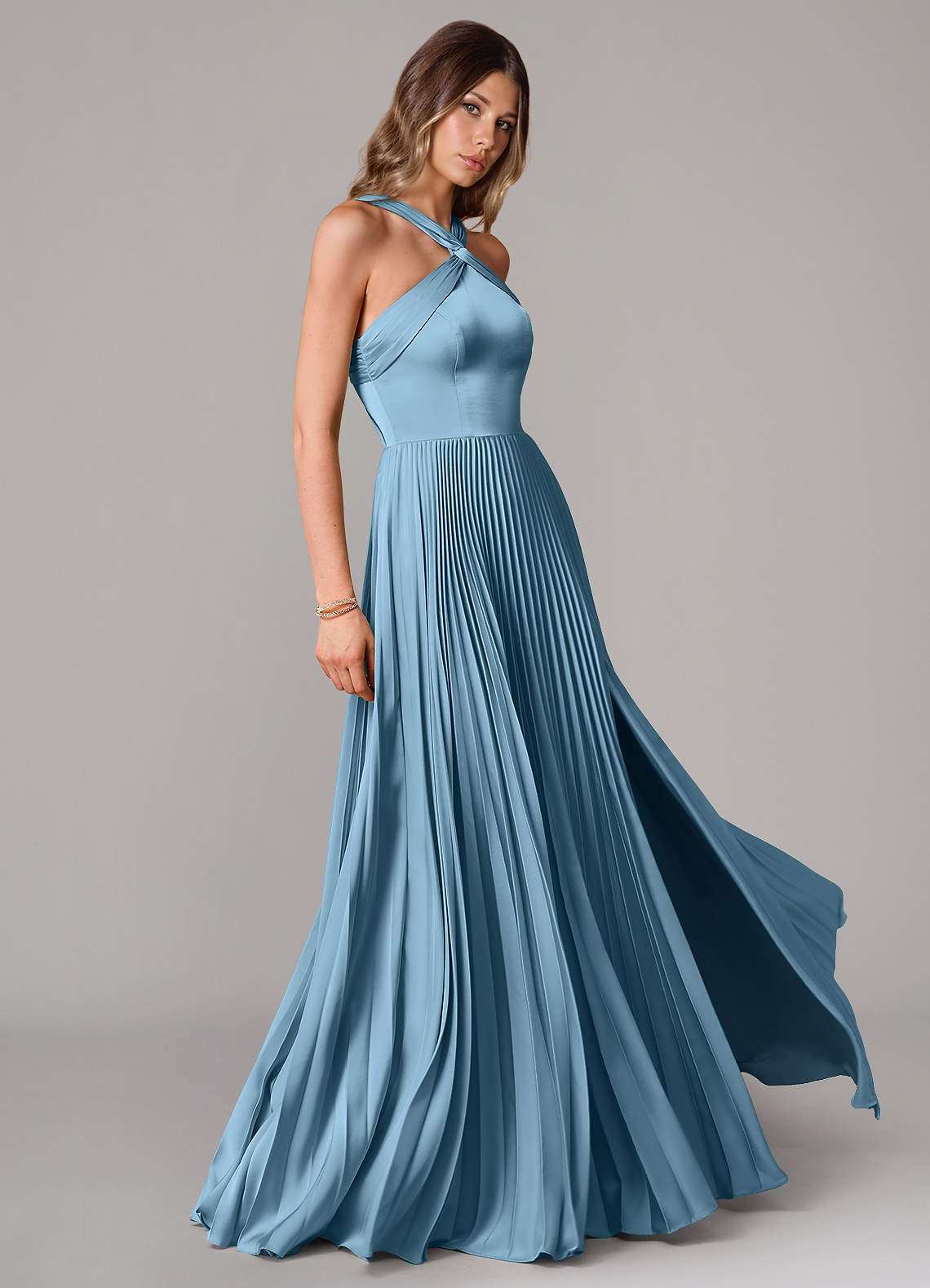 Afra A-Line Halter-Neck Stretch Satin Bridesmaid Dress in Steel Blue