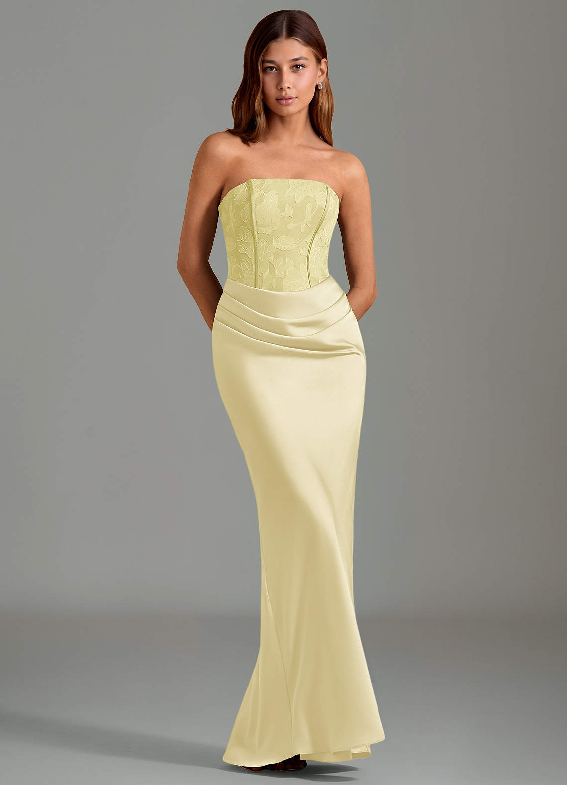 Emilia Mermaid Strapless Stretch Satin and Floral Burnout Bridesmaid Dress in Lemon Sorbet