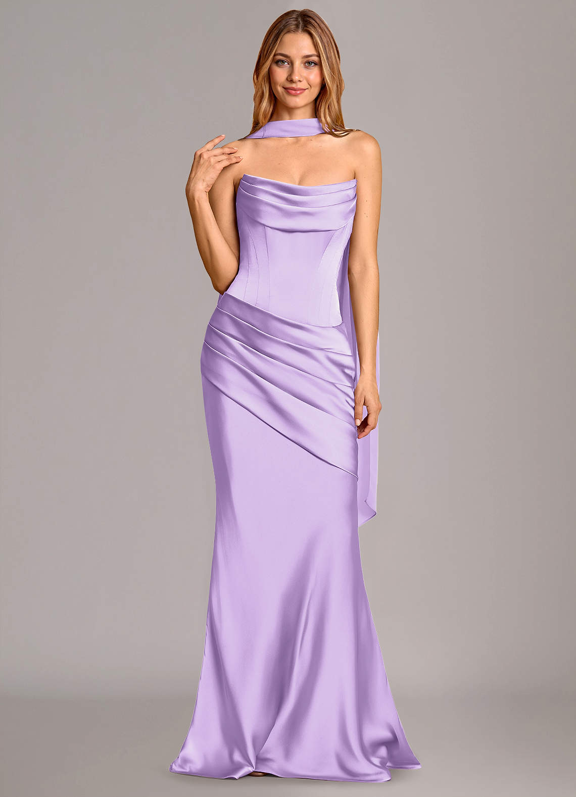 Pelagia Mermaid Cowl-Neck Stretch Satin Bridesmaid Dress in Lilac