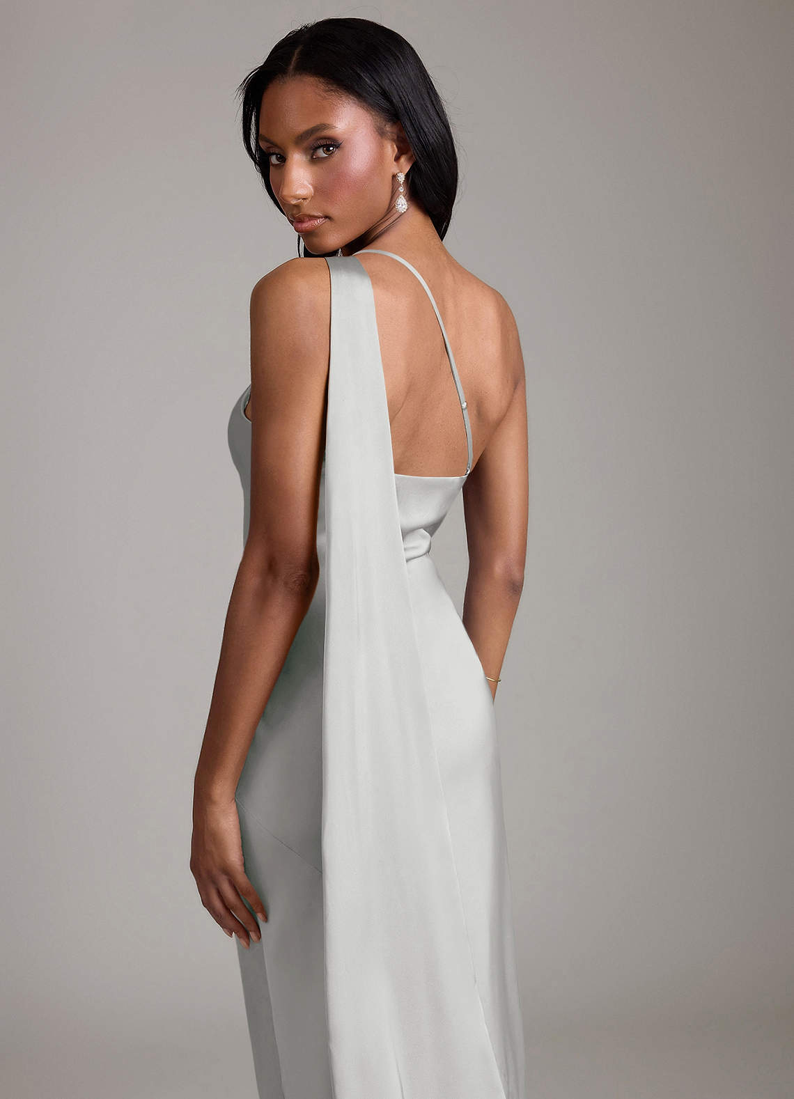 Juniper Mermaid One-Shoulder Stretch Satin Bridesmaid Dress in Silver