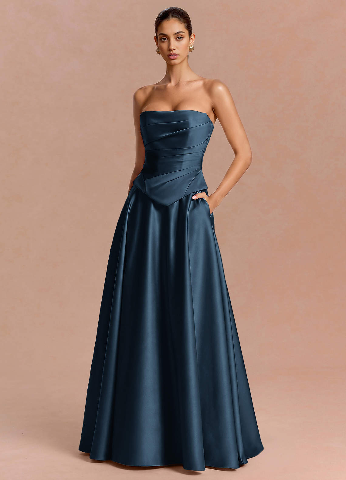 Eponine A-Line Pleated Stretch Satin Evening Dress in Navy