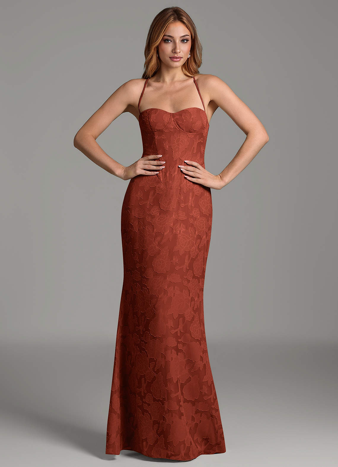 Dara Mermaid Sweetheart Floral Burnout Bridesmaid Dress in Terracotta