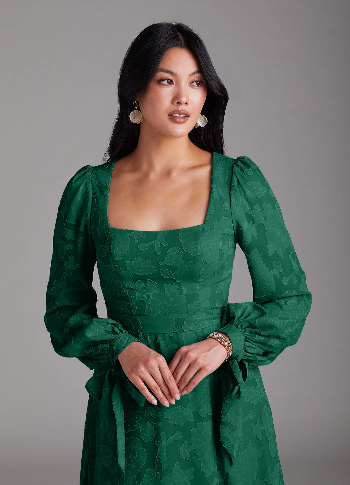 Leonia A-Line Square-Neck Stretch Satin Bridesmaid Dress in Emerald
