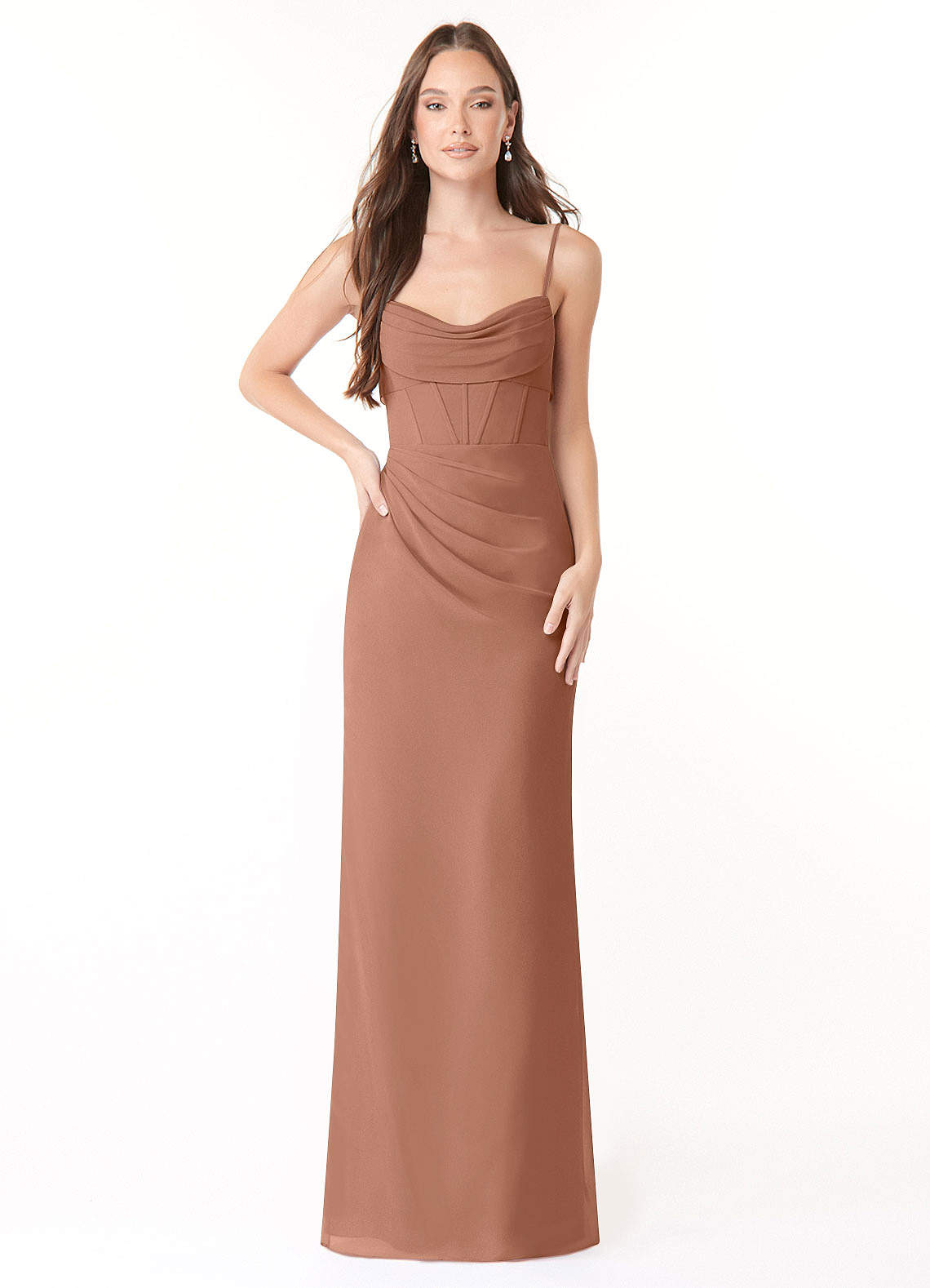 Mai Sheath Cowl-Neck Chiffon Bridesmaid Dress in Bronzer