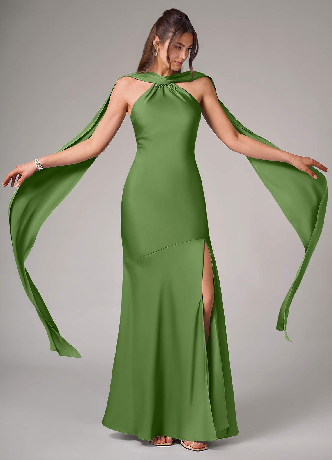 Kinsley Mermaid Halter Stretch Satin Bridesmaid Dress in Basil