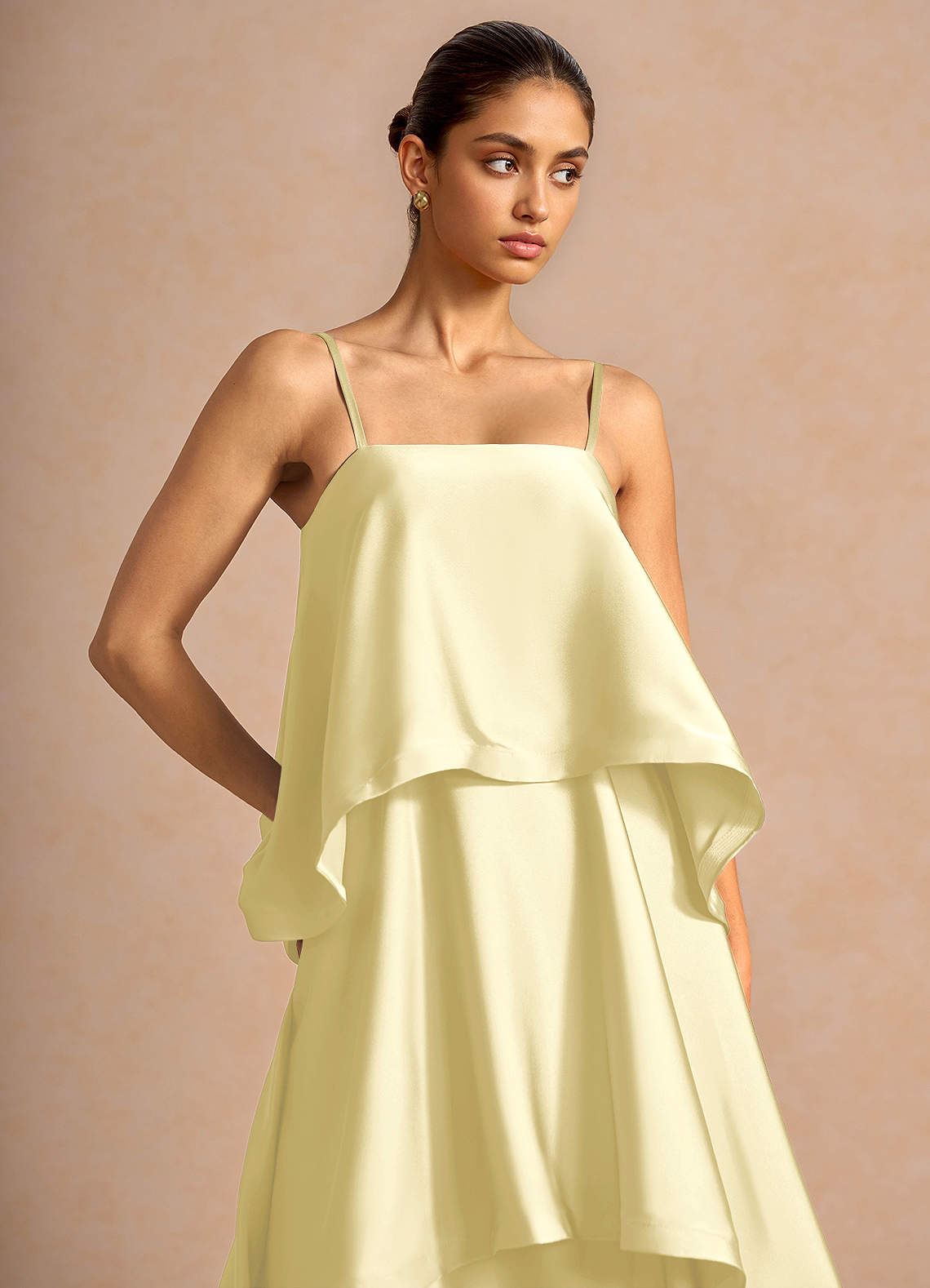Itasca A-Line Tiered Stretch Satin Wedding Guest Dress in Butter Yellow