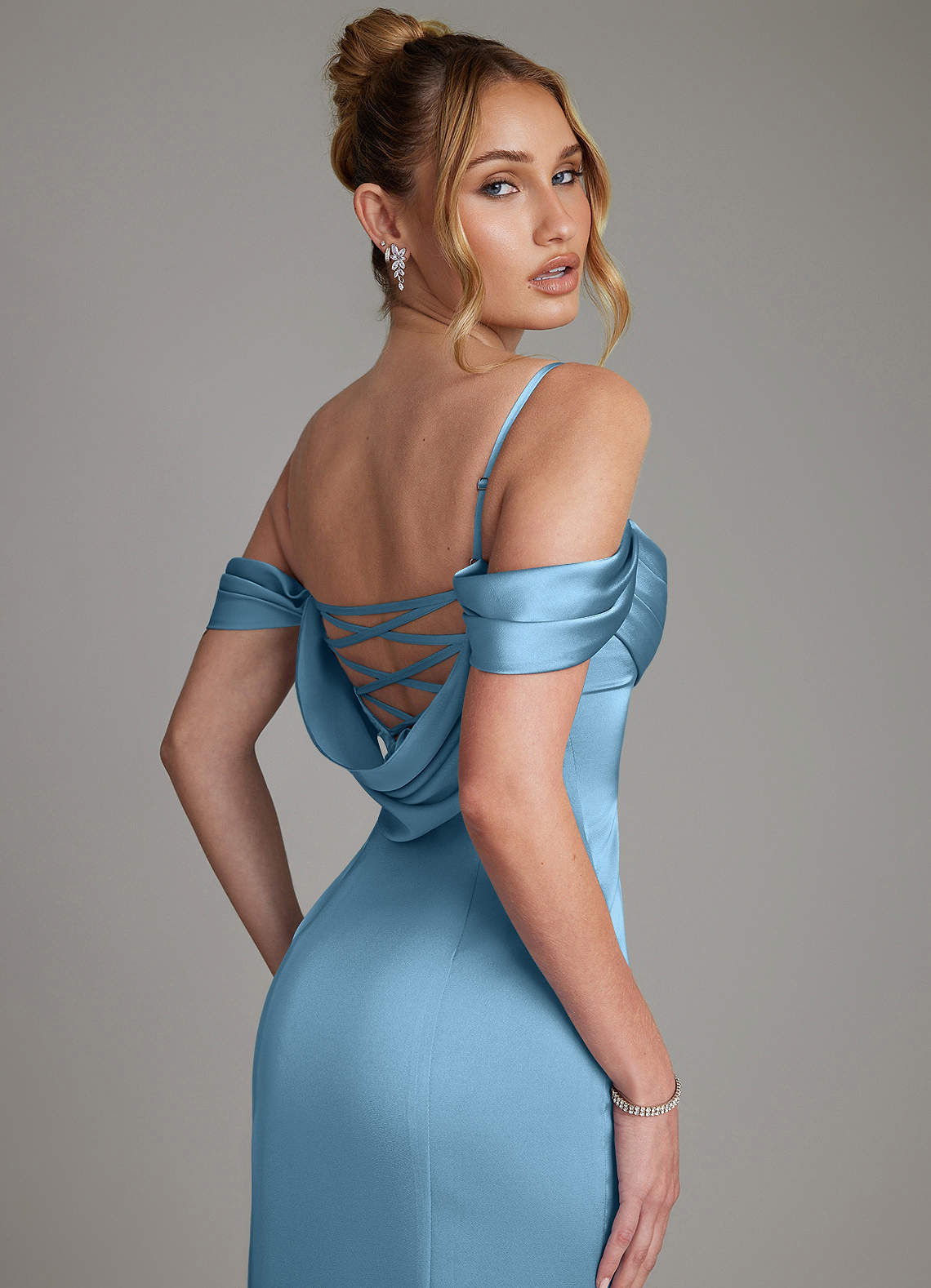 Nira Mermaid Sweetheart Stretch Satin Bridesmaid Dress in Steel Blue