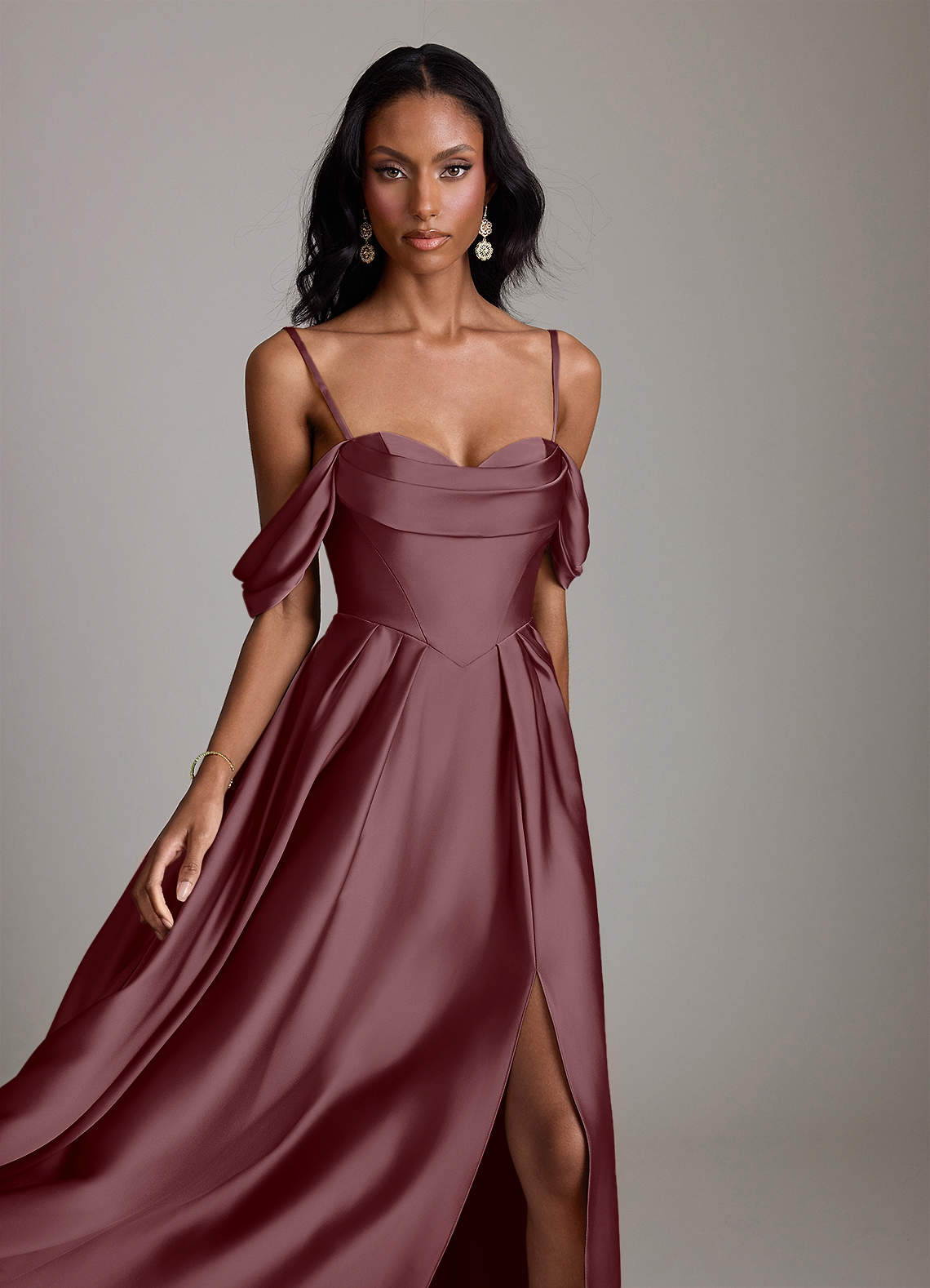 Loisa A-Line Off-the-Shoulder Stretch Satin Bridesmaid Dress in Sangria