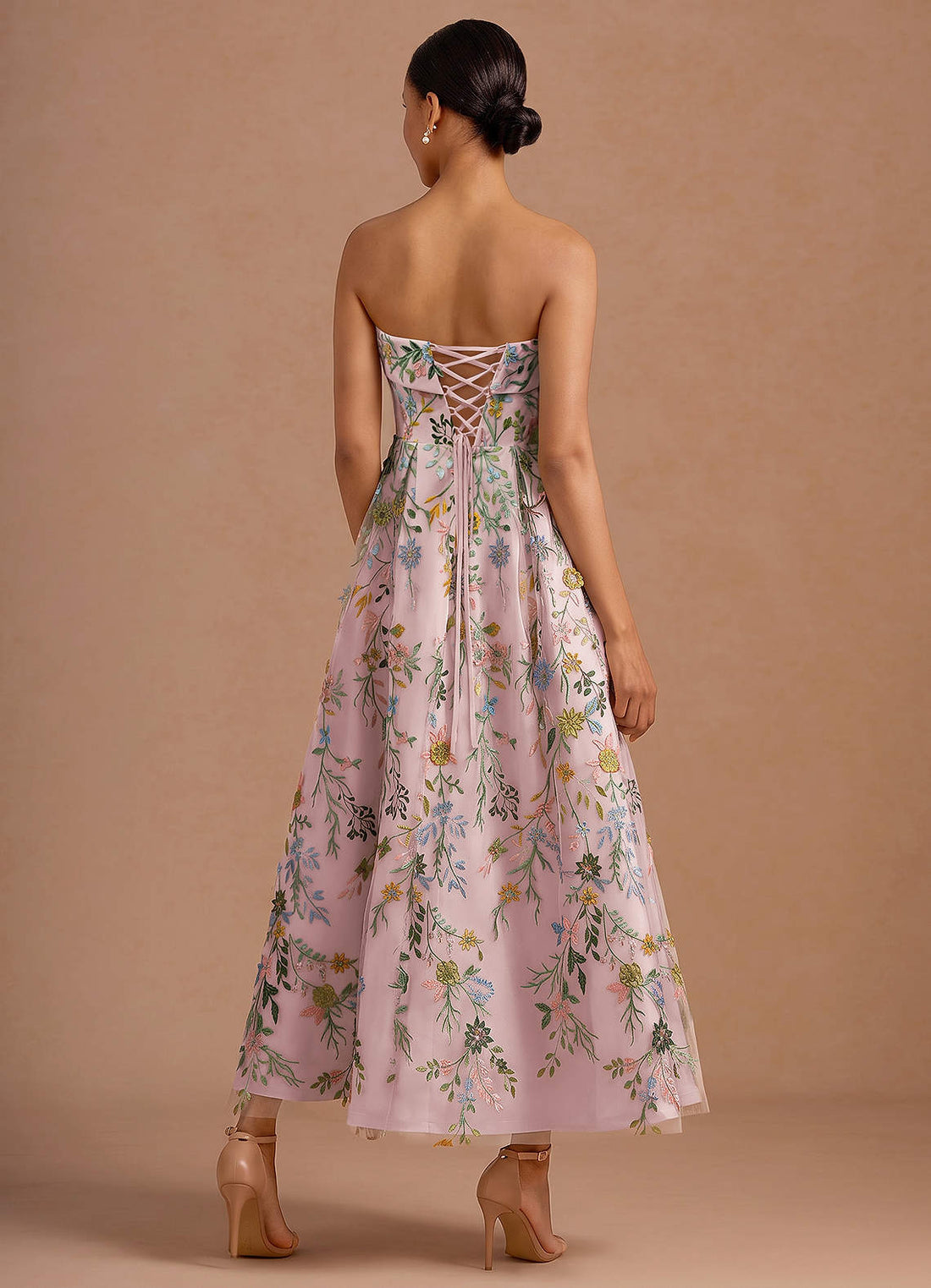 Evangeline Strapless Corset Floral Lace Evening Dress in candy pink