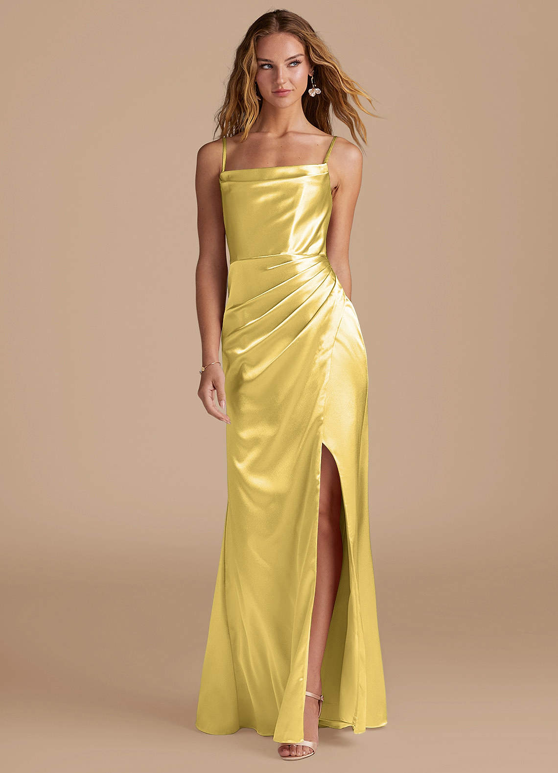 Marzia Mermaid Square-Neck Metallic Satin Bridesmaid Dress in Canary