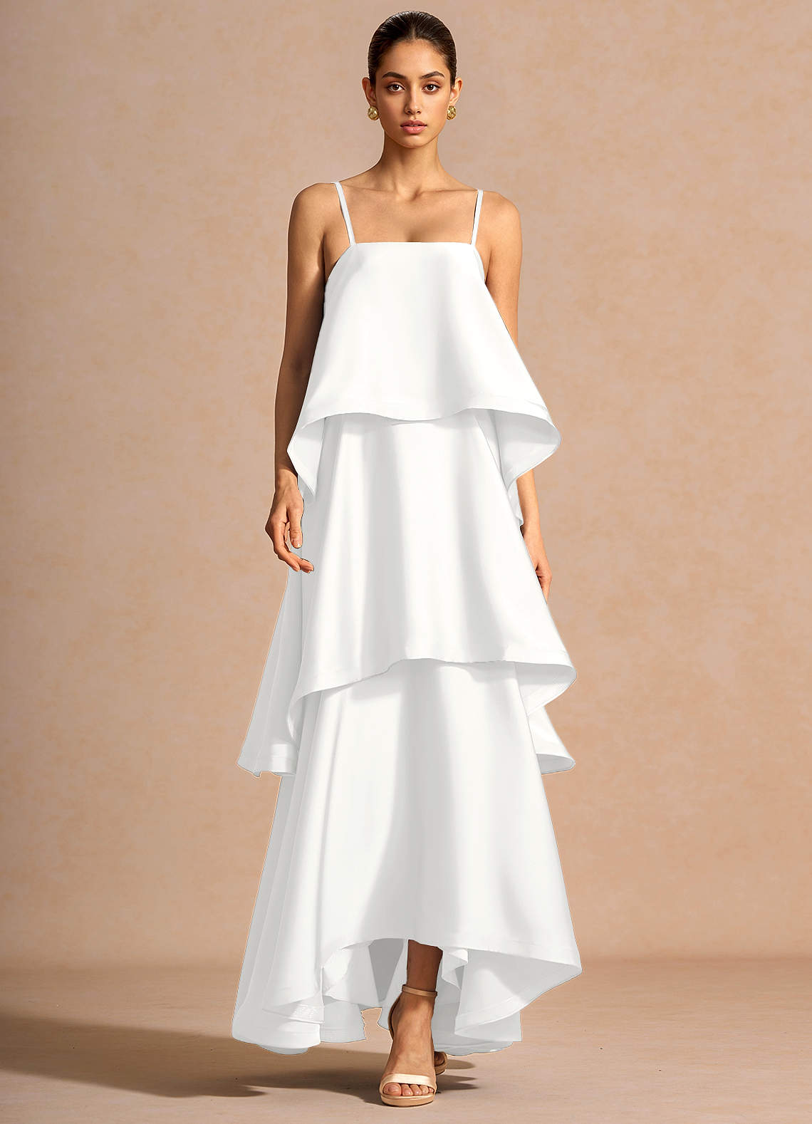Itasca A-Line Tiered Stretch Satin Wedding Guest Dress in White