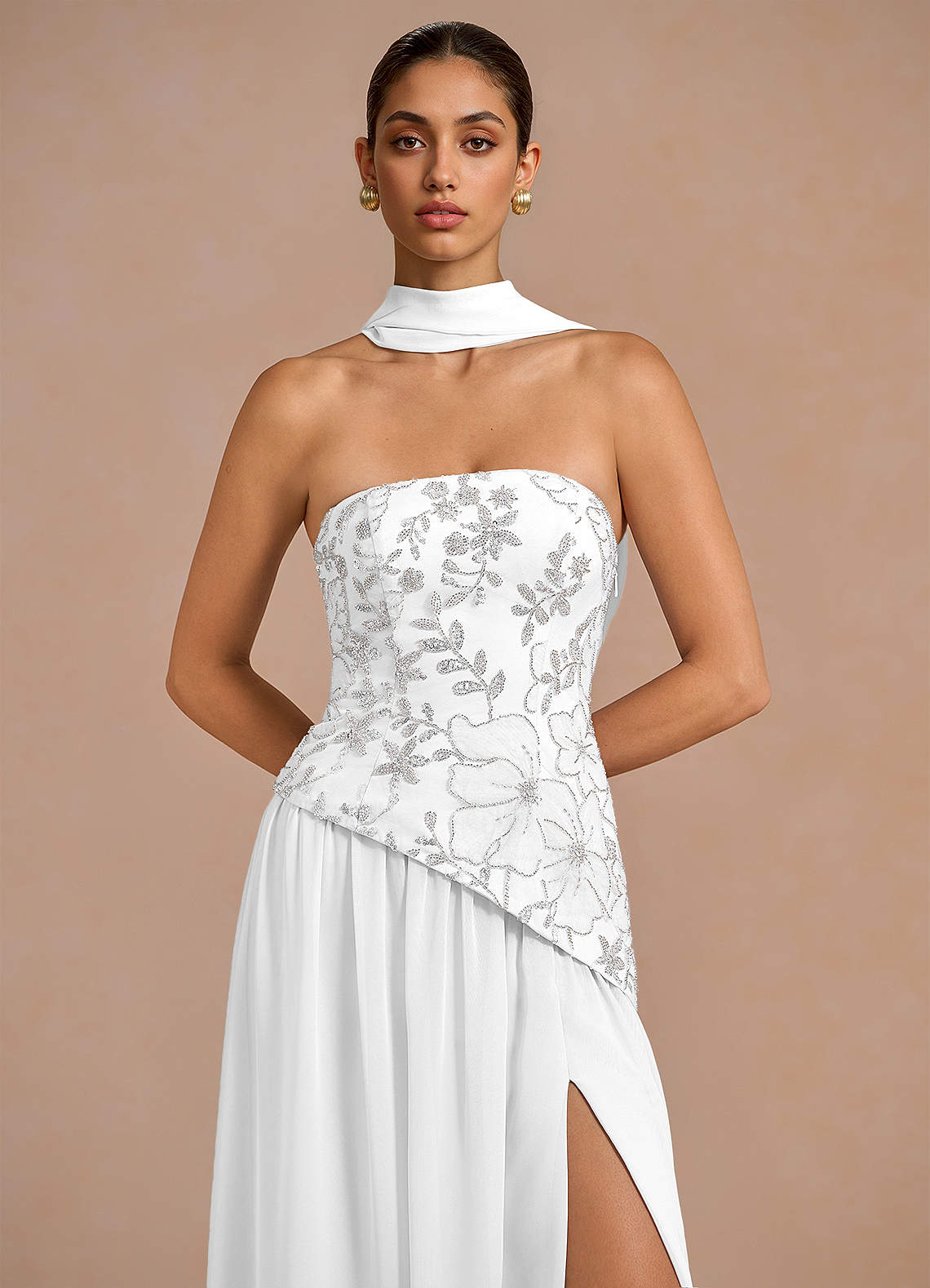 Galatea Sky Blue A-Line Floral Chiffon Evening Dress in White