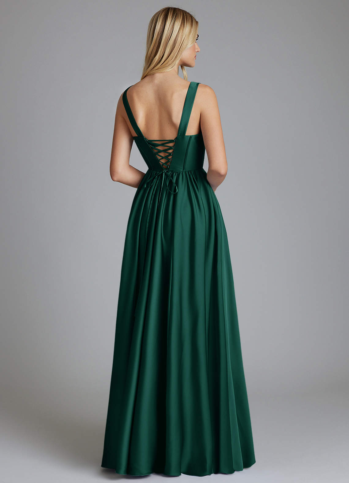 Delmie A-Line V-Neck Stretch Satin Bridesmaid Dress in Emerald