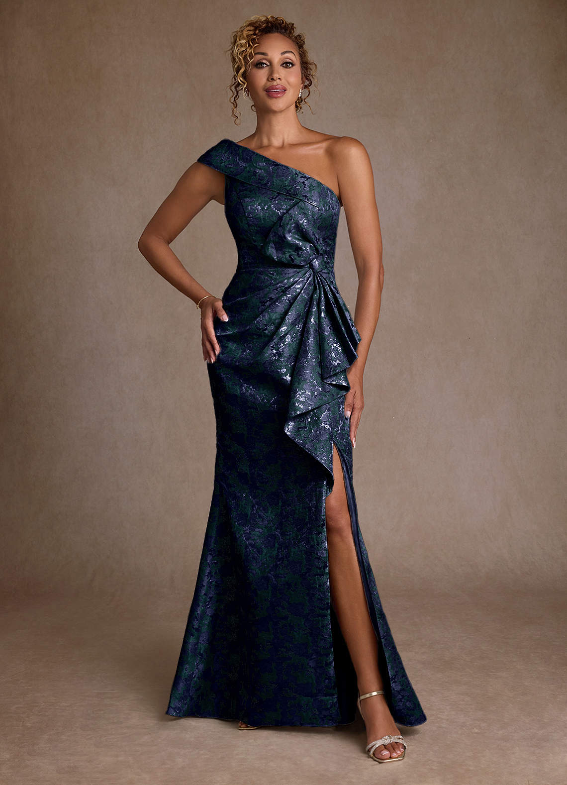 Hampton Mermaid One-Shoulder Jacquard Mother of the Bride Dress