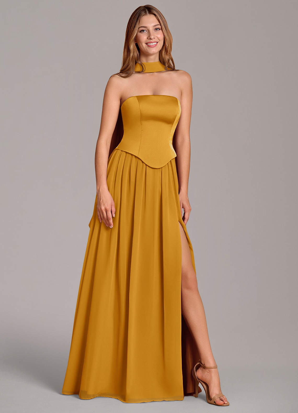 Cadence A-Line Strapless Chiffon and Stretch Satin Bridesmaid Dress in butterscotch