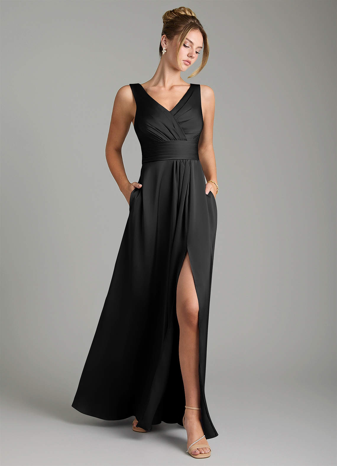 Karina A-Line V-Neck Stretch Satin Bridesmaid Dress in black