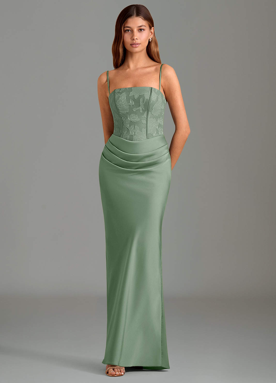 Emilia Mermaid Strapless Stretch Satin and Floral Burnout Bridesmaid Dress in Matcha