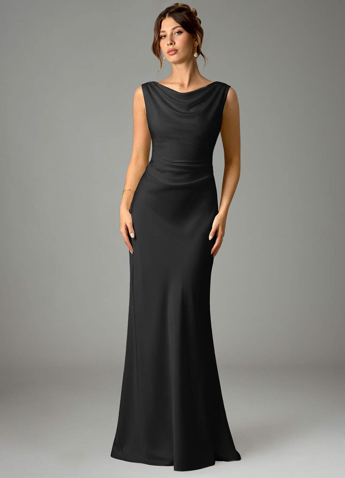 Kieryn Mermaid Cowl-Neck Stretch Satin Bridesmaid Dress in black