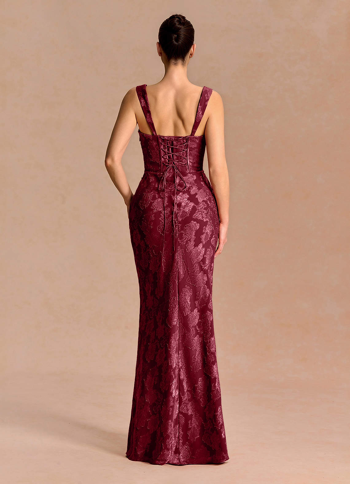 Agustina Square-Neck Pleated Fil Coupé Evening Dress in Wine