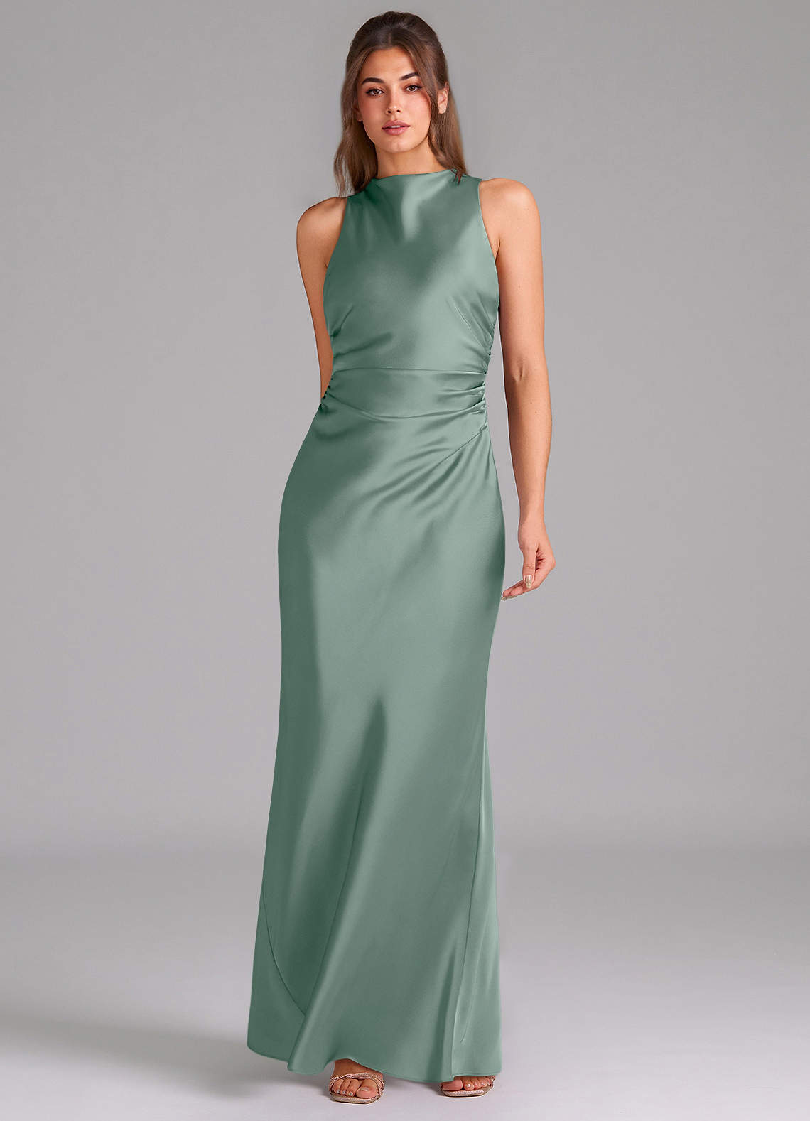 Evadne Sheath Scoop-Neck Stretch Satin Bridesmaid Dress in Silver Sage