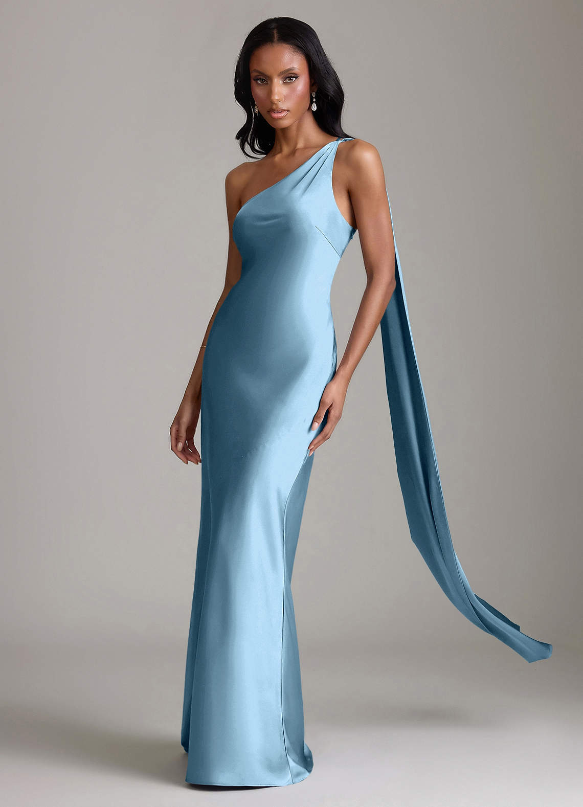 Juniper Mermaid One-Shoulder Stretch Satin Bridesmaid Dress in Steel Blue