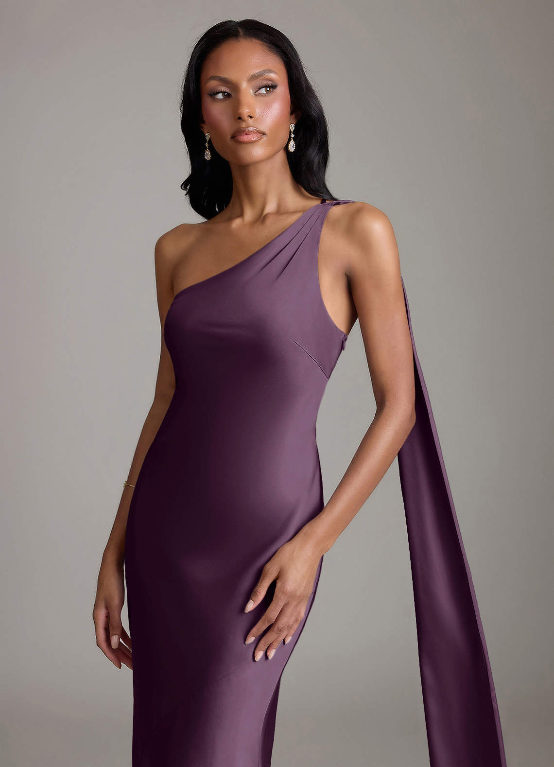 Juniper Mermaid One-Shoulder Stretch Satin Bridesmaid Dress in Plum