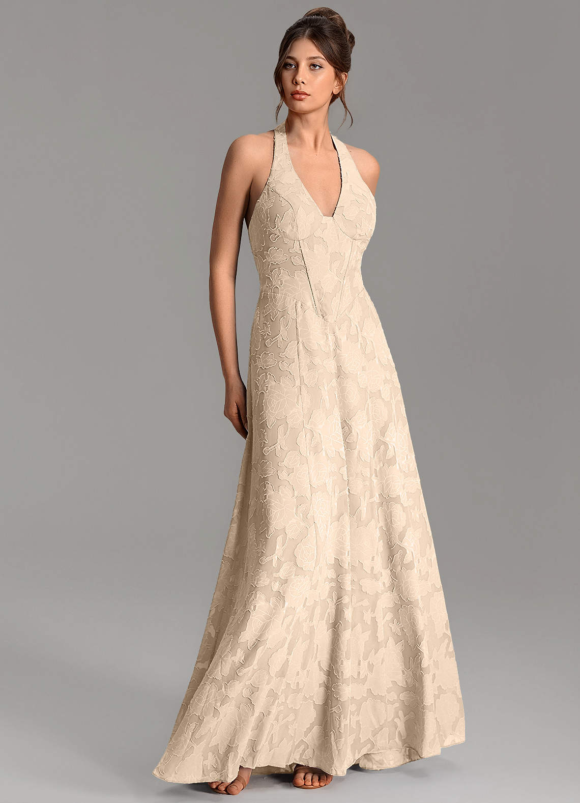 Nia A-Line V-Neck Floral Burnout Bridesmaid Dress in Champagne