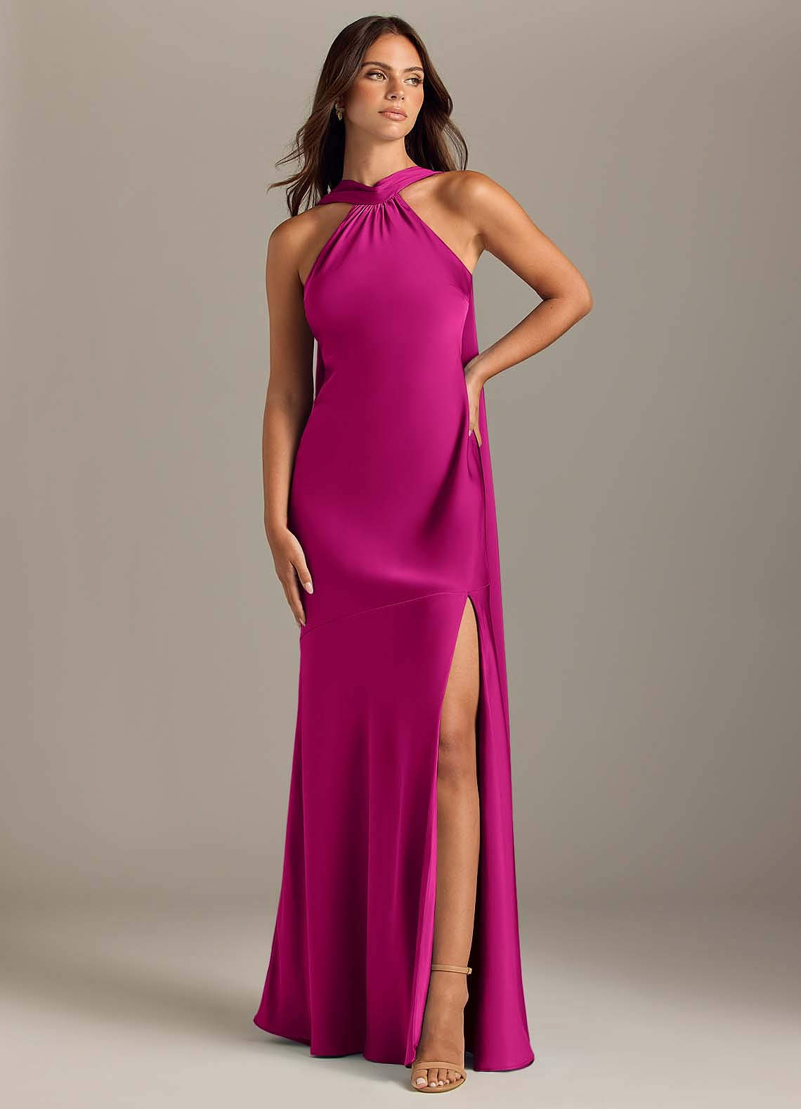 Kinsley Mermaid Halter Stretch Satin Bridesmaid Dress in Fuchsia