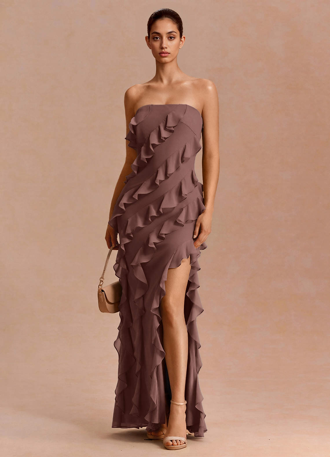 Eira A-Line Ruffle Chiffon Evening Dress in Truffle