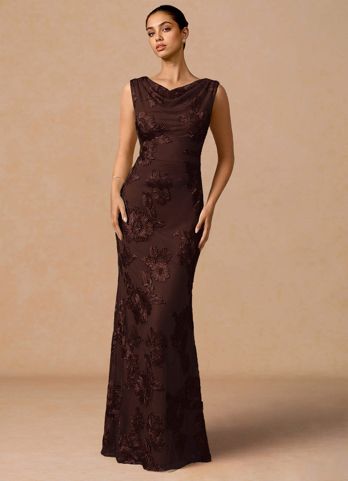 Elowis Column Open-Back Floral Mesh Evening Dress in Forest Green