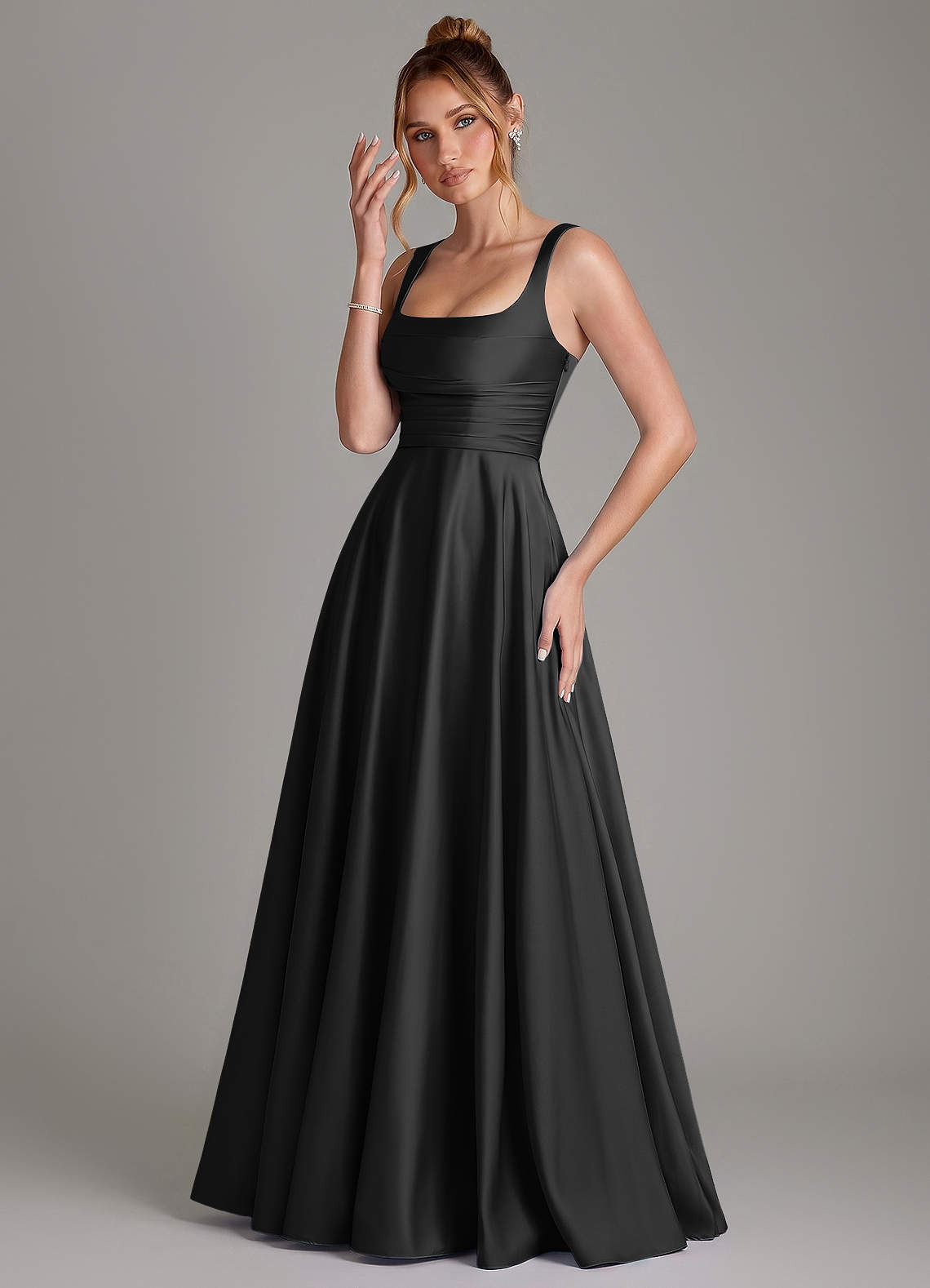 Azaria A-Line Square-Neck Stretch Satin Bridesmaid Dress in black