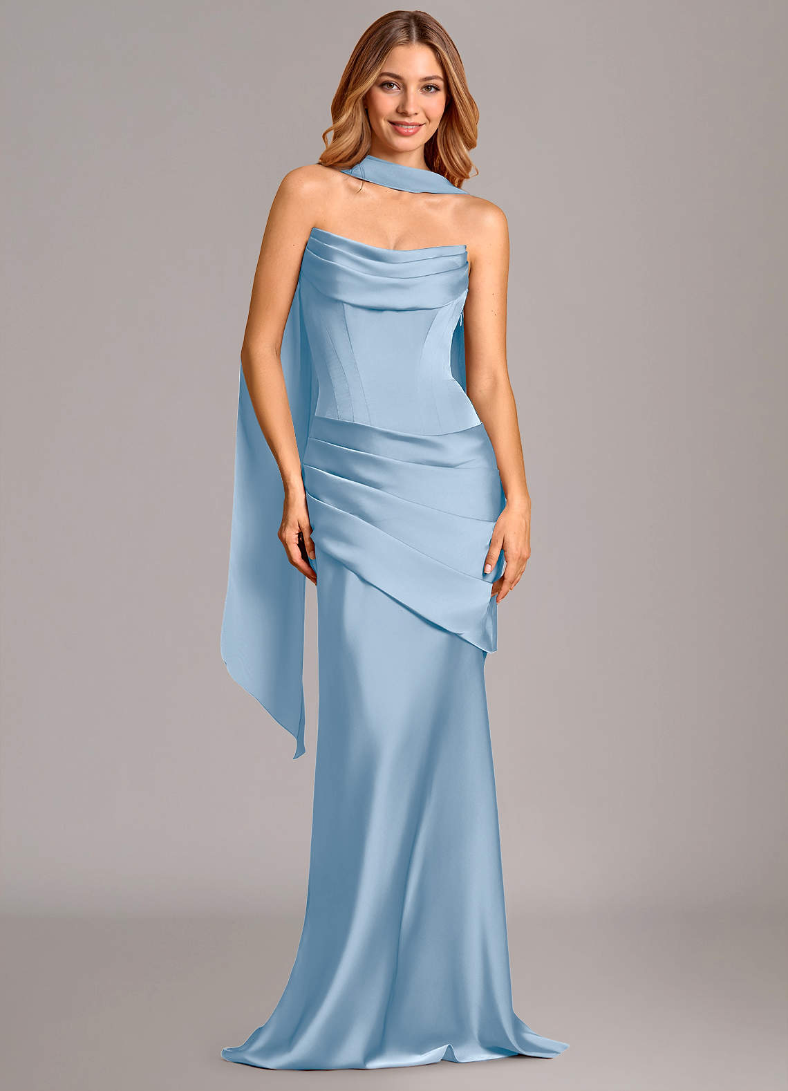 Pelagia Mermaid Cowl-Neck Stretch Satin Bridesmaid Dress in Powder Blue