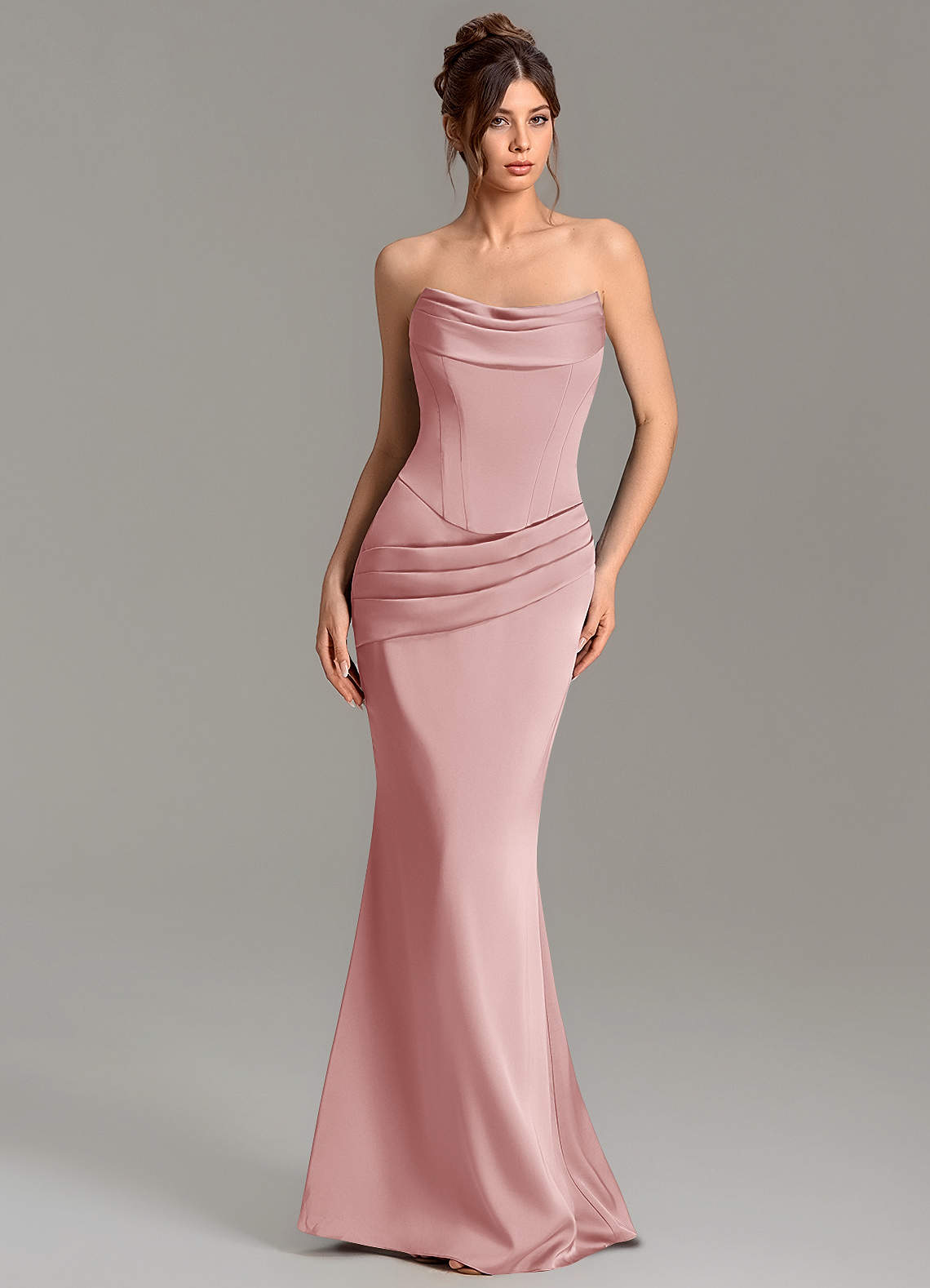 Adrienne Mermaid Cowl-Neck Stretch Satin Bridesmaid Dress in dusty rose