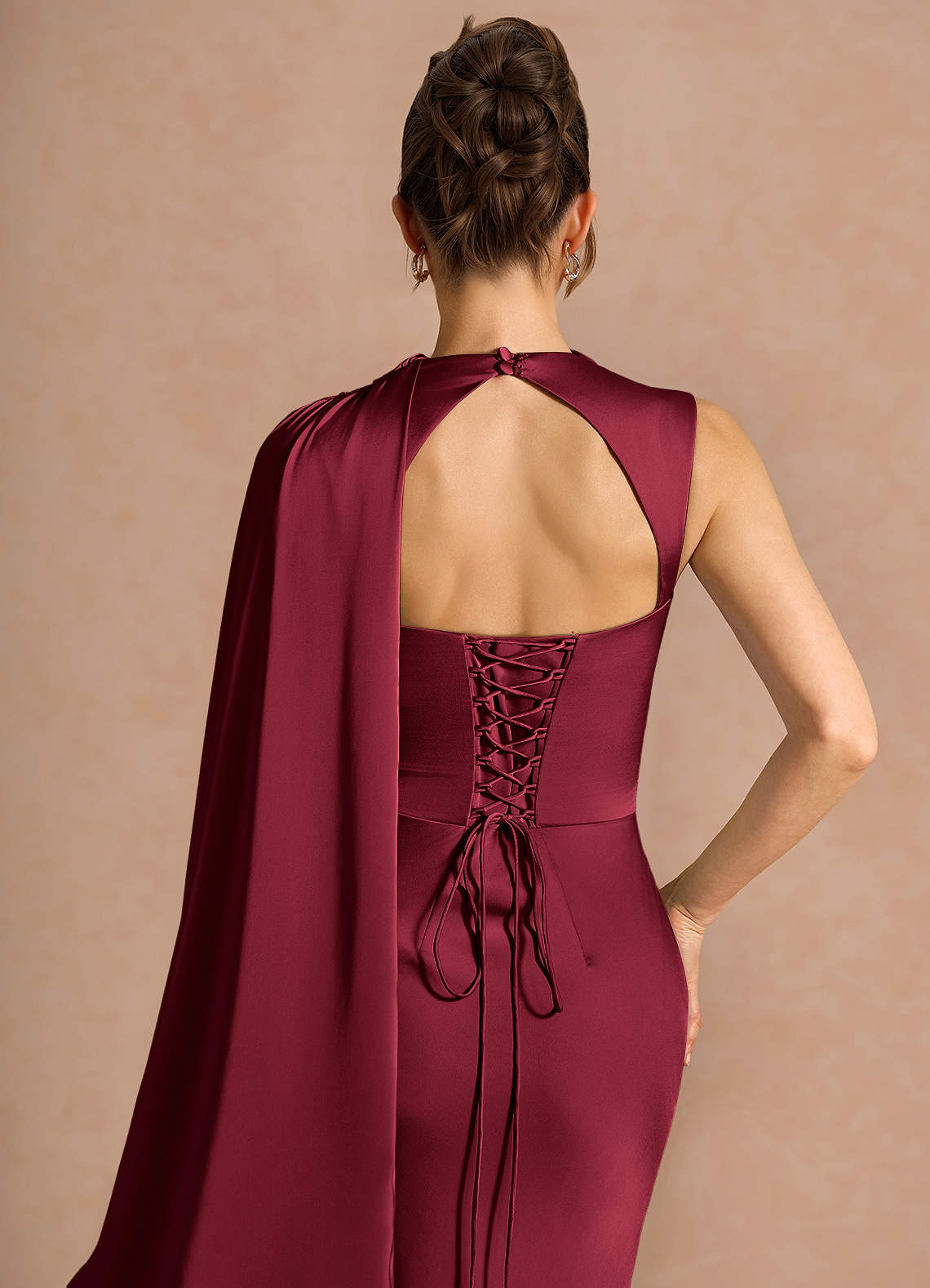 Chesney Cape-Sleeve Pleated Stretch Satin Wedding Guest Dress in Merlot