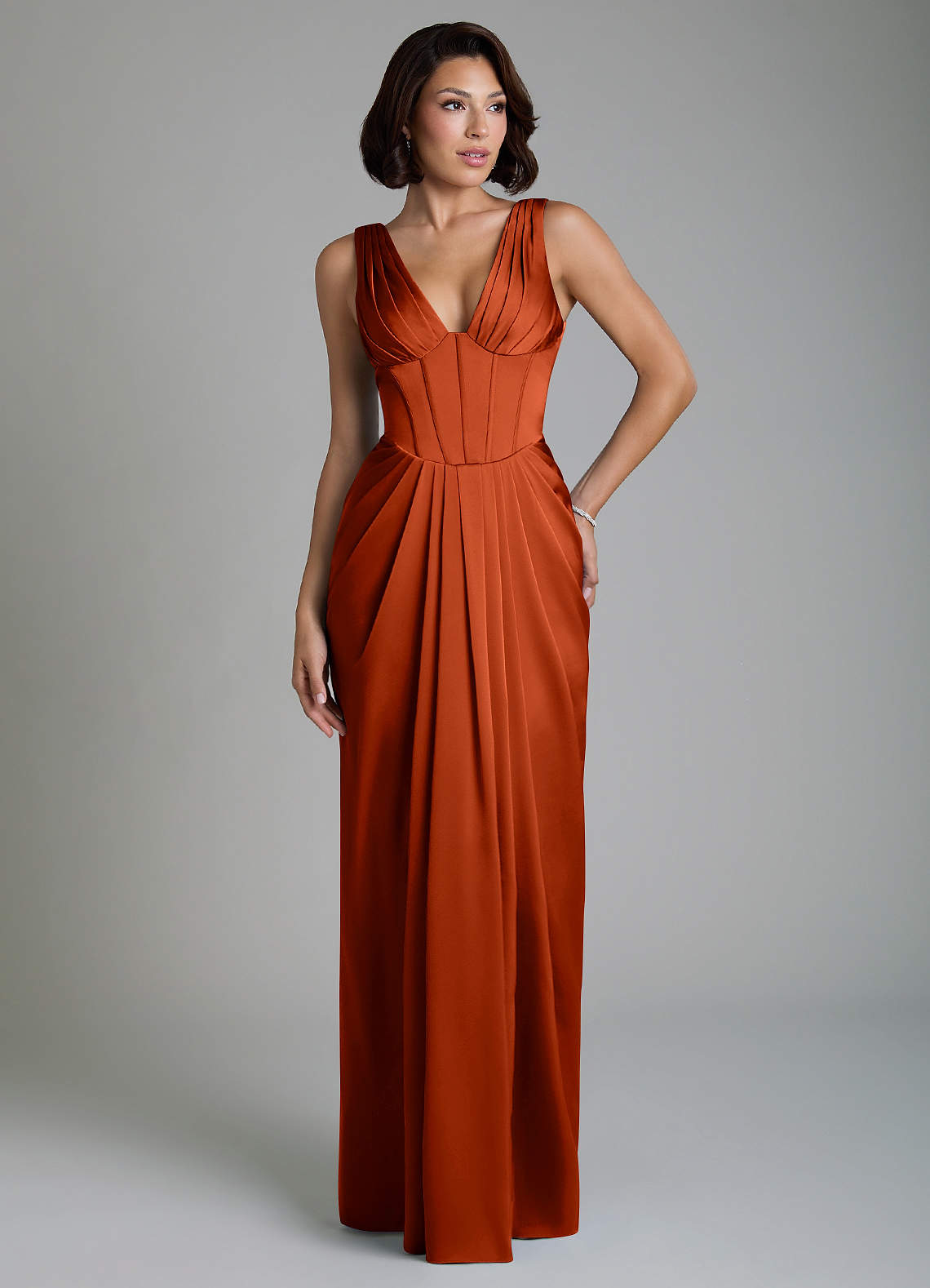 Vanya Sheath V-Neck Stretch Satin Bridesmaid Dress in Paprika