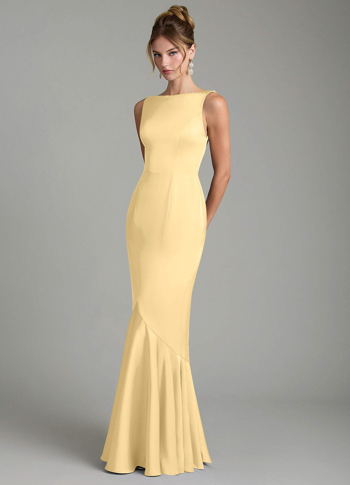 Tamera Mermaid Boat-Neck Stretch Satin and Chiffon Bridesmaid Dress in Butter