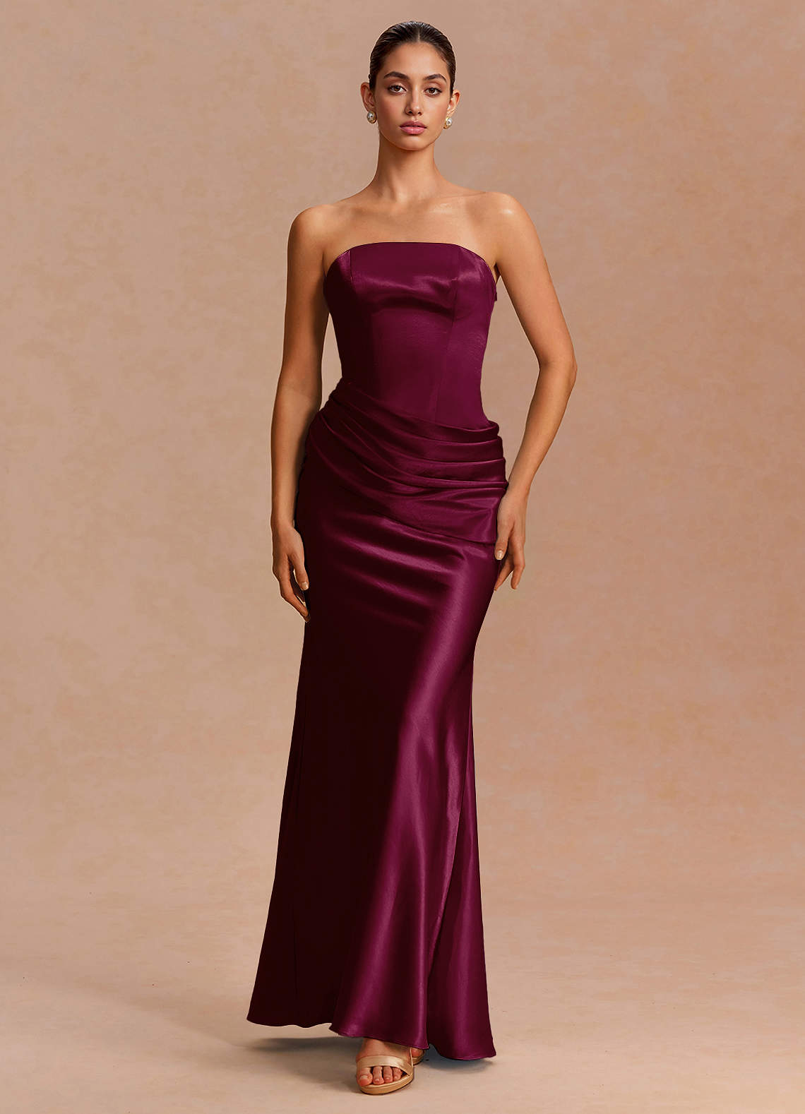 Leonie Strapless Draped-Shoulder Satin Evening Dress in Cabernet