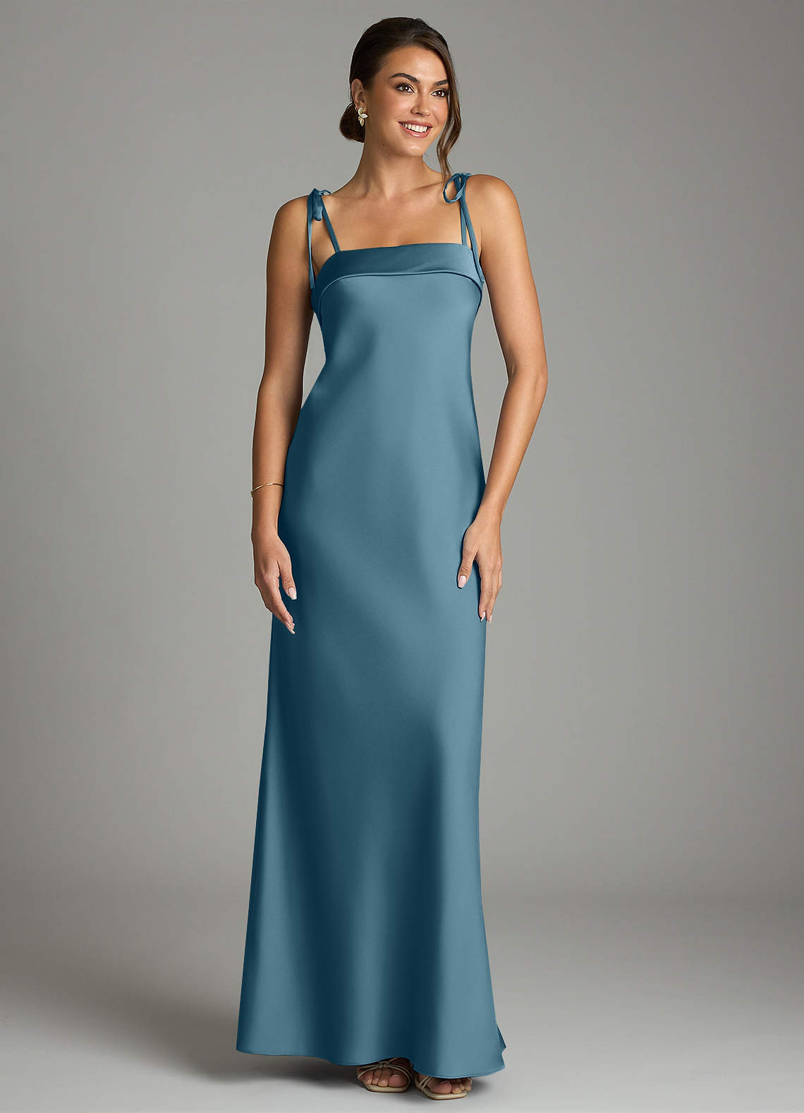 Ellia Sheath Straight-Neck Stretch Satin Bridesmaid Dress in Bermuda