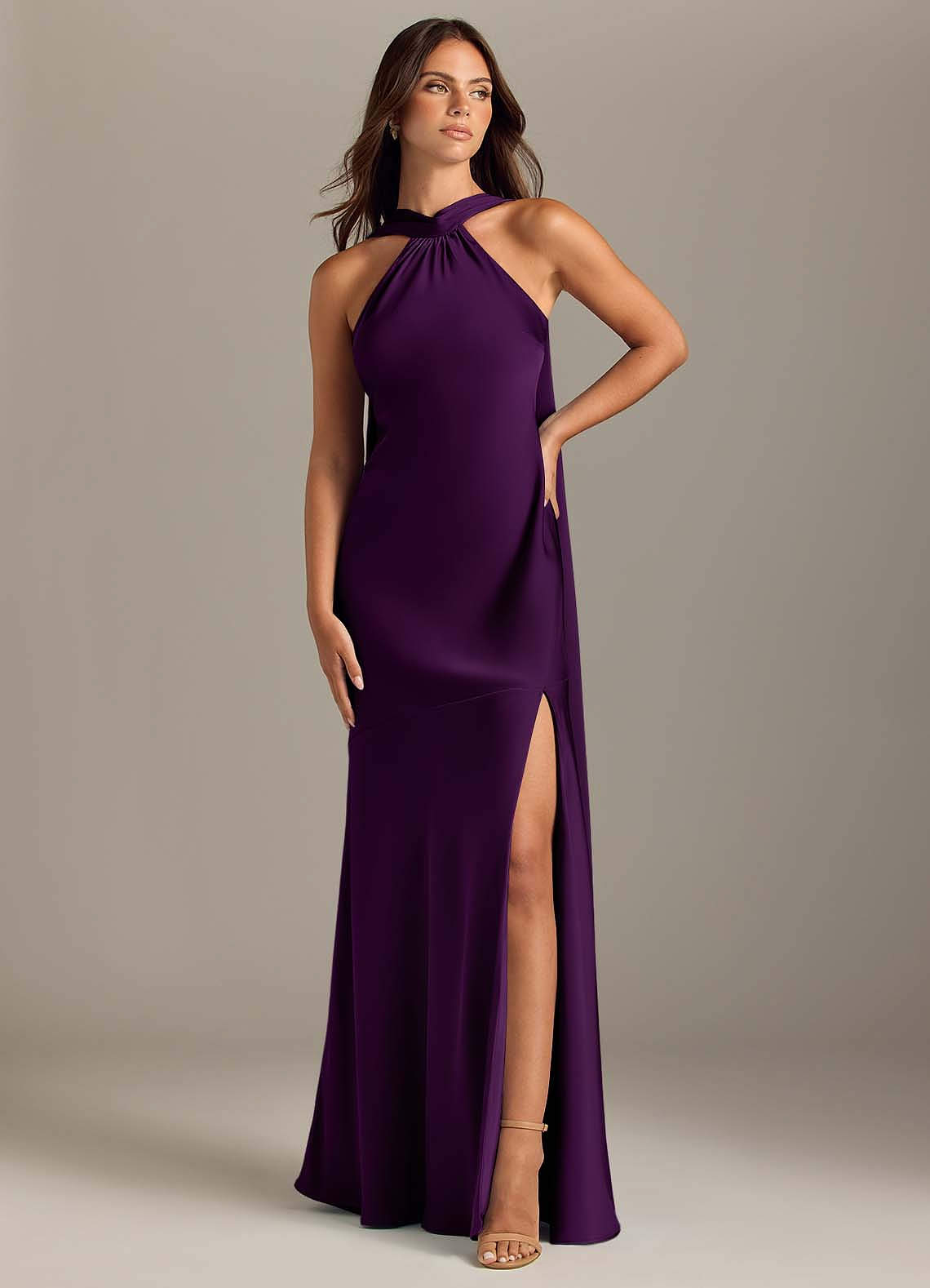 Kinsley Mermaid Halter Stretch Satin Bridesmaid Dress in Grape