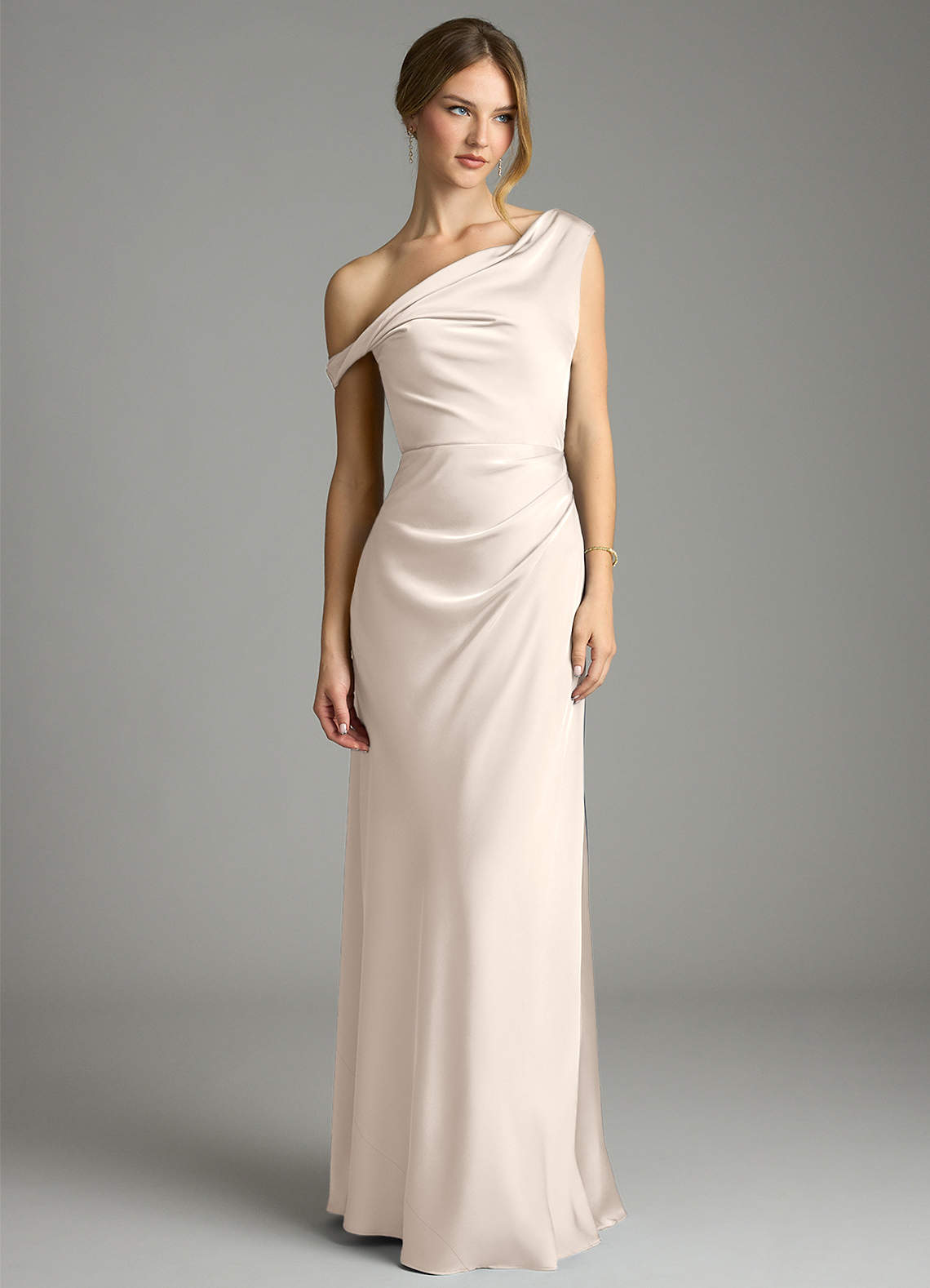 Emerson Mermaid One-Shoulder Stretch Satin Bridesmaid Dress in White Alabaster
