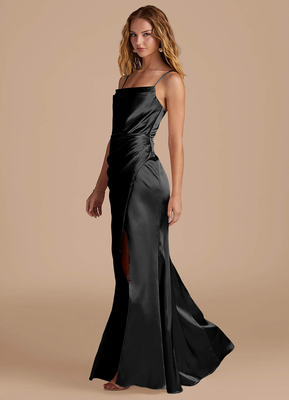 Marzia Mermaid Square-Neck Metallic Satin Bridesmaid Dress in black