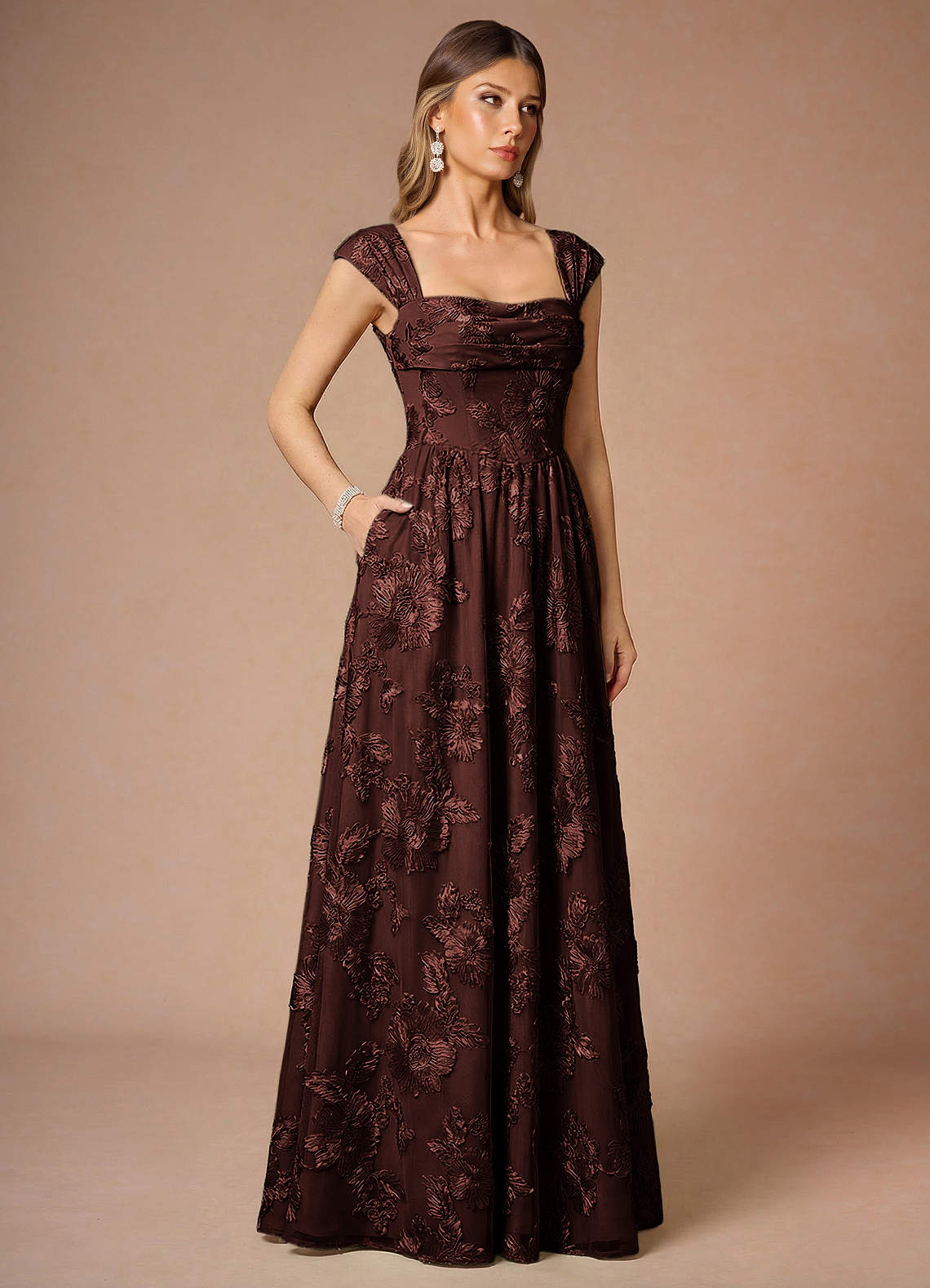 Hazel A-Line Cowl-Neck Floral Mesh Wedding Guest Dress in Coco