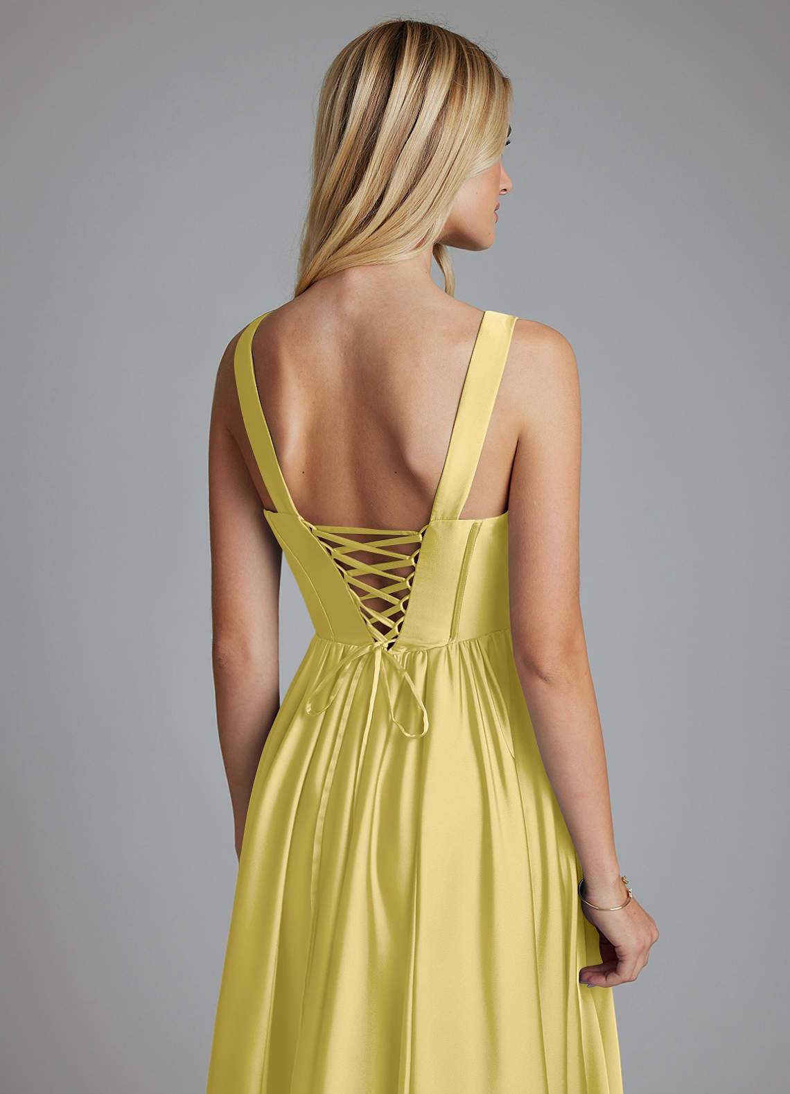 Delmie A-Line V-Neck Stretch Satin Bridesmaid Dress in Canary
