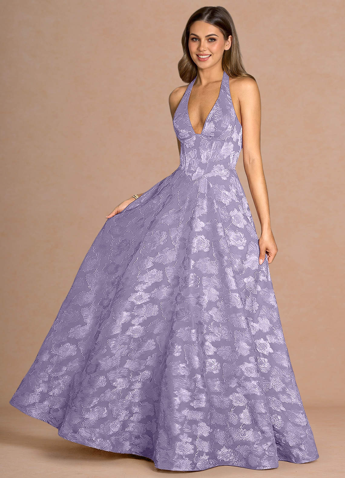 Isabeau A-Line V-Neck Fil Coupé Evening Dress in Lemon Sorbet
